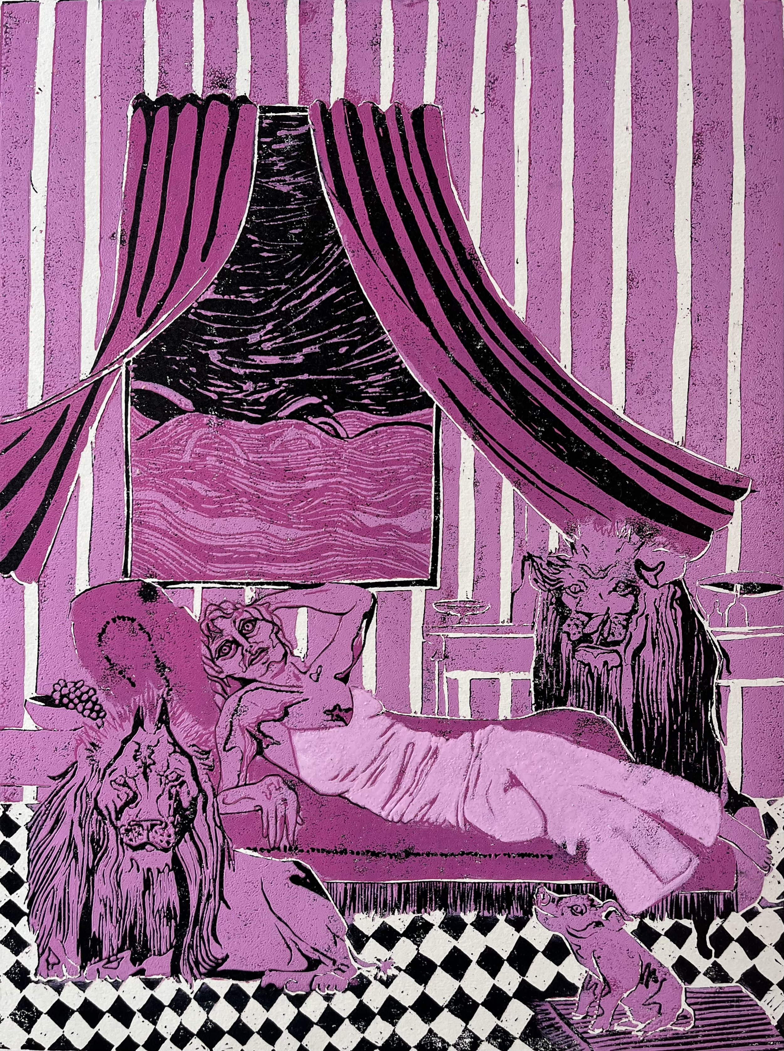  Circe in Aeaea  (black and pink), 2024,1 of 2, 2024, 41.5x31.5cm, traditional relief ink on paper