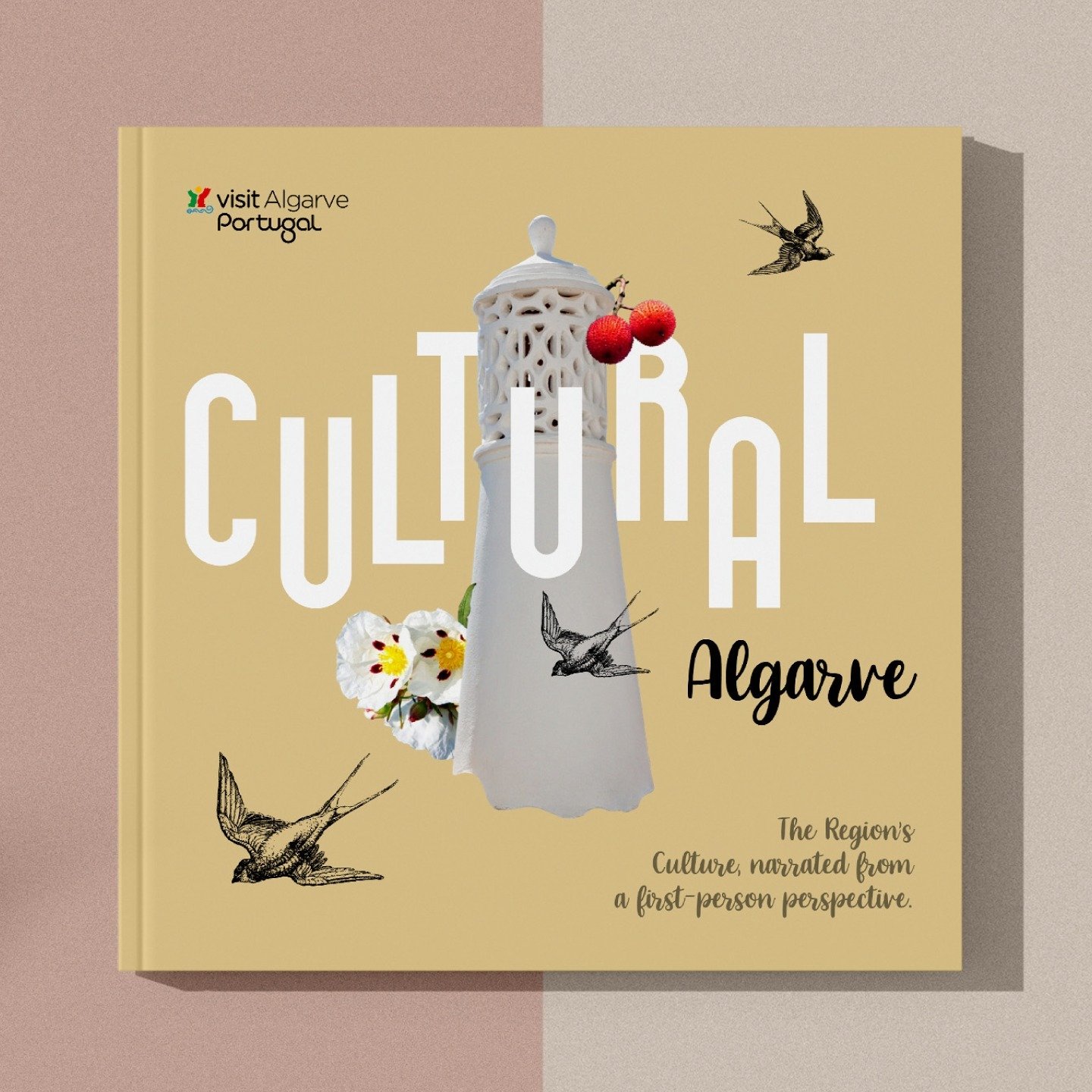 Brochure with conceptual graphics and a differentiated perspective. The piece focuses on various themes related to the Algarve culture, including history, churches, museums, castles and fortresses, festivals and traditions, gastronomy, craftsmanship,