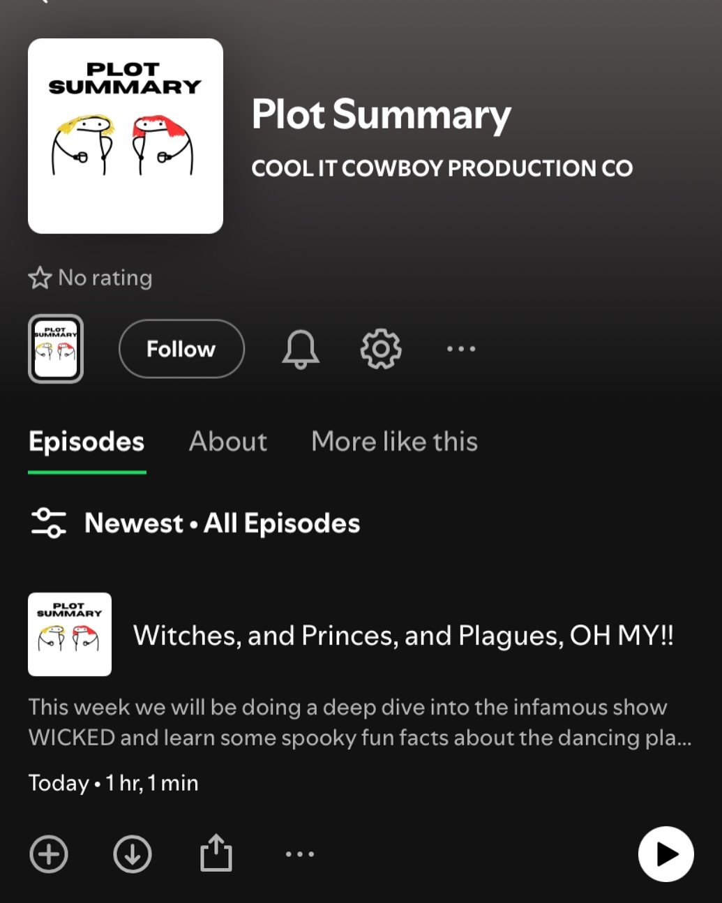 OOH BABY WE&rsquo;RE LIVE! We had a few bumps in the road but we are up on SPOTIFY, Y&rsquo;ALL!!! 

Tune in to PLOT SUMMARY&rsquo;s premiere episode: Witches, and Princes, and Plagues, OH MY!!! 

Plot Summary is a Cool It Cowboy Production Co produc