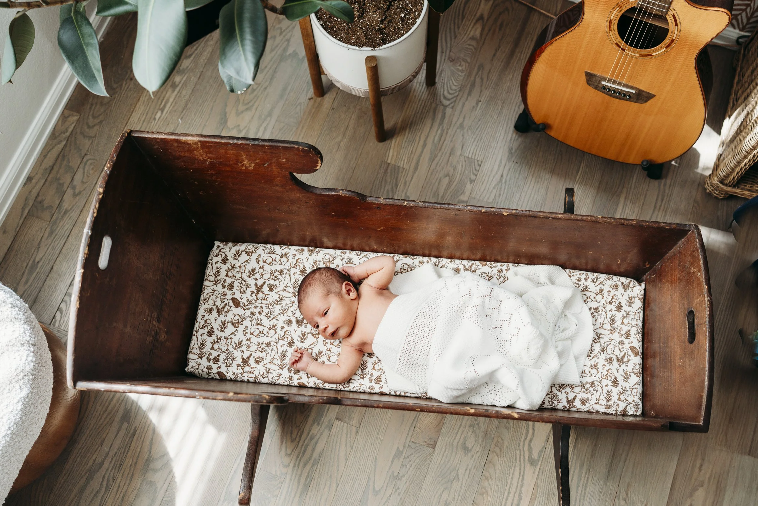 A baby lying on a patterned cushion inside a vintage wooden sled, surrounded by home furnishings including a guitar and potted plants.