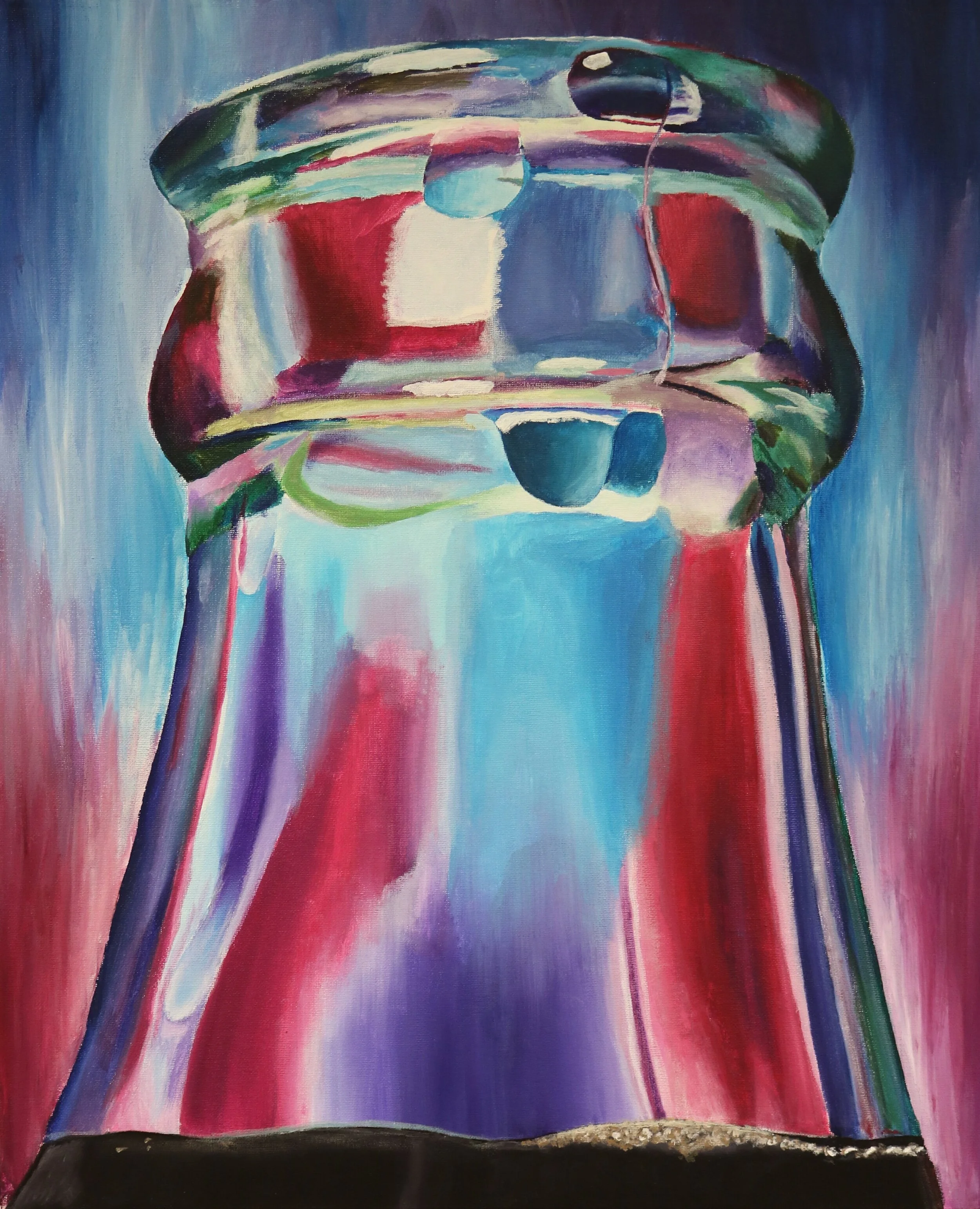 Colorful acrylic painting of a close-up glass bottle with distorted reflections in blue, red, purple, and green.