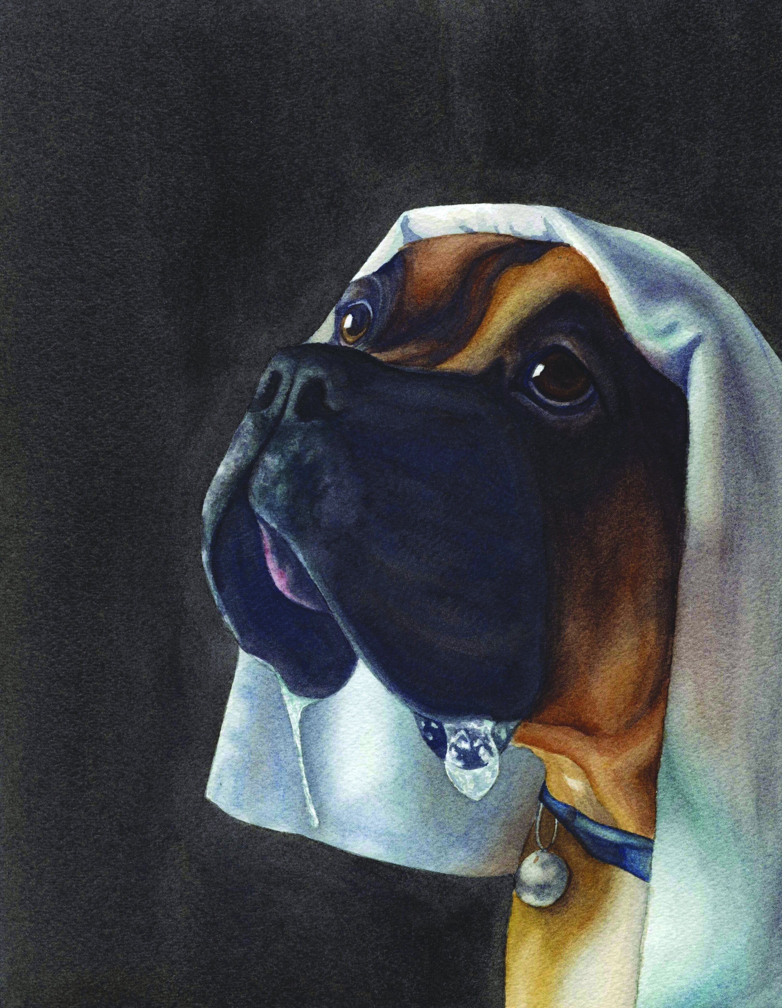 Watercolor portrait of a boxer dog inspired by Girl with a Pearl Earring, featuring a droplet of slobber.