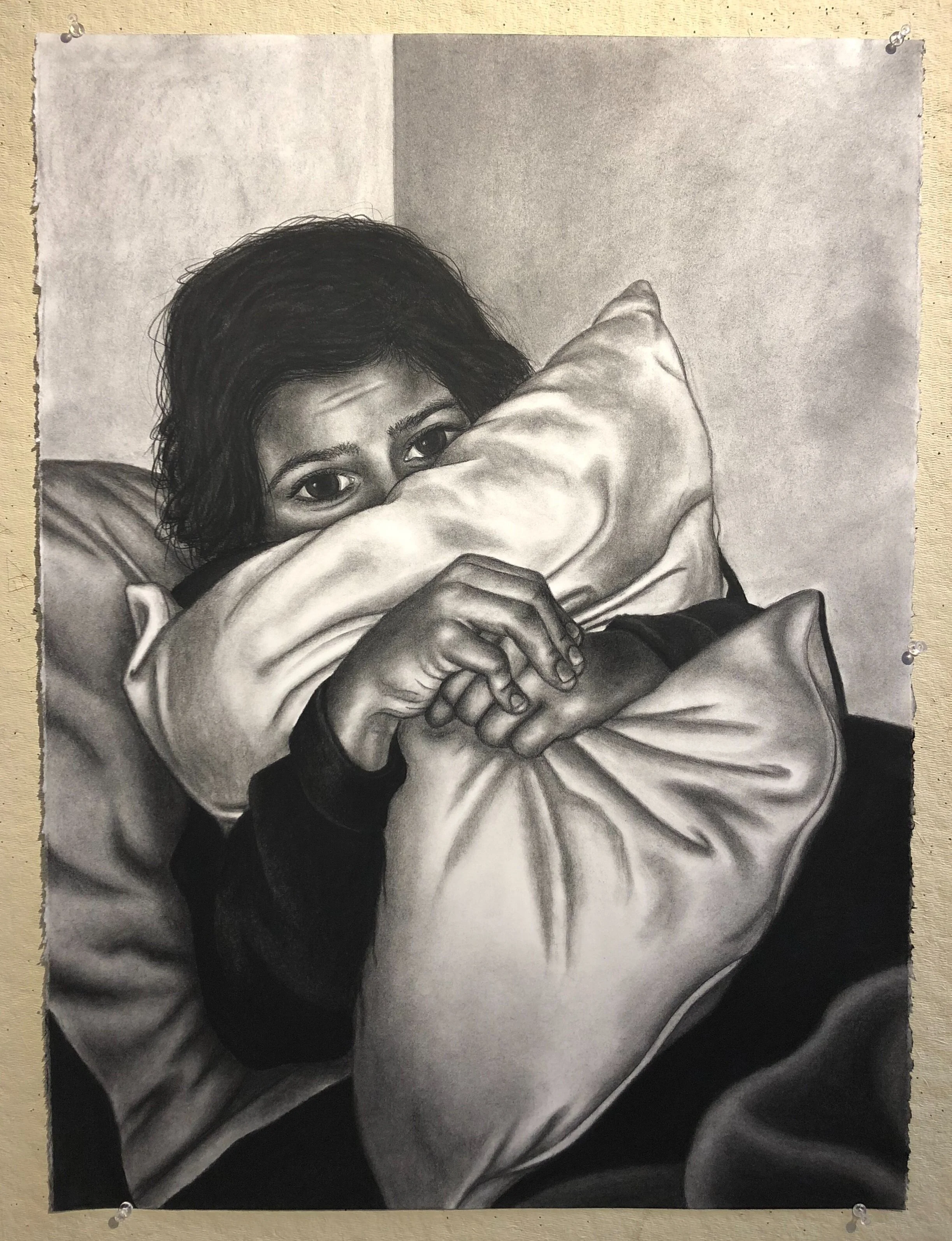 Charcoal drawing exploring phobia through a dark, expressive composition.
