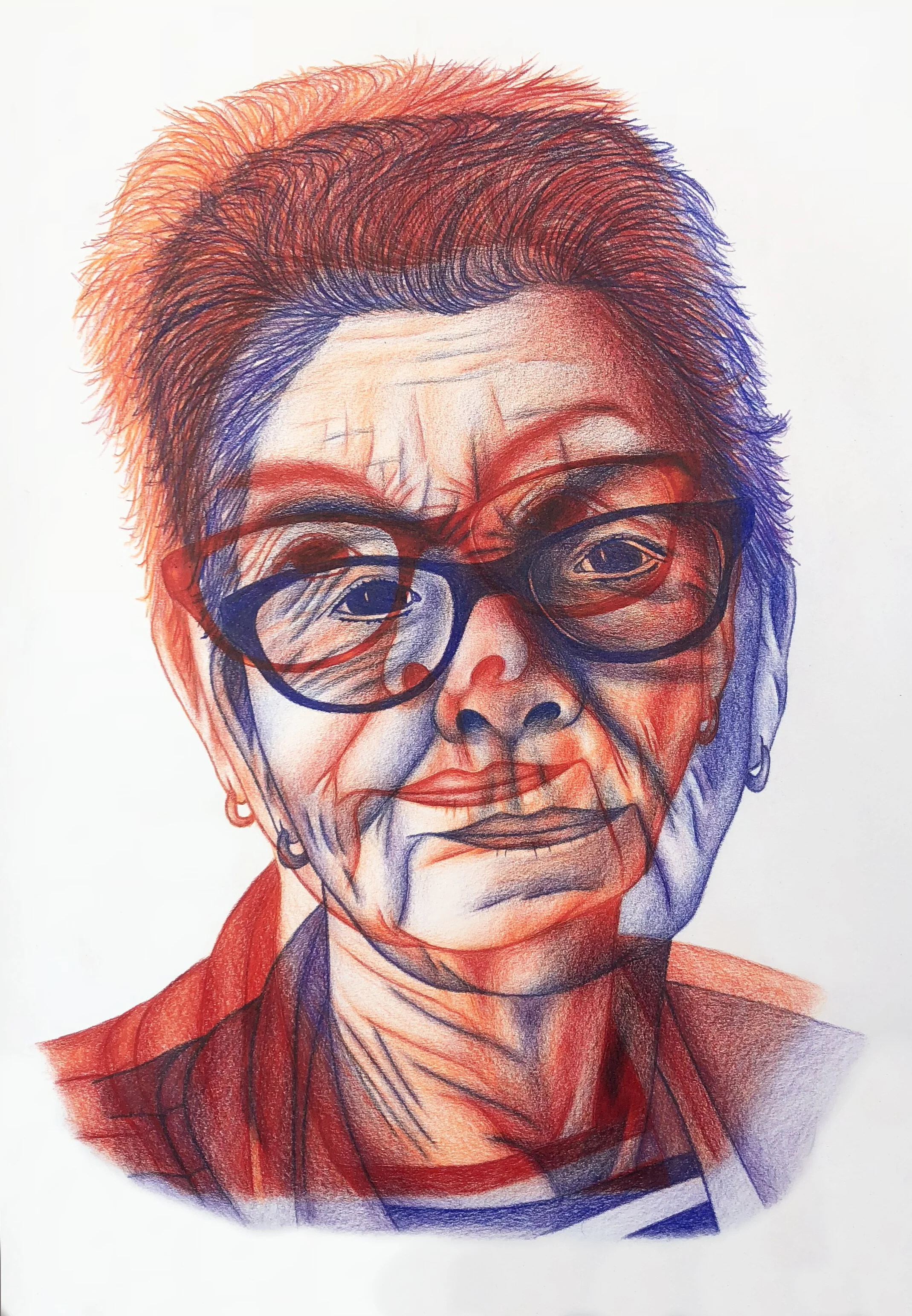 Colored pencil portrait of an older woman with overlapping red and blue facial imagery.