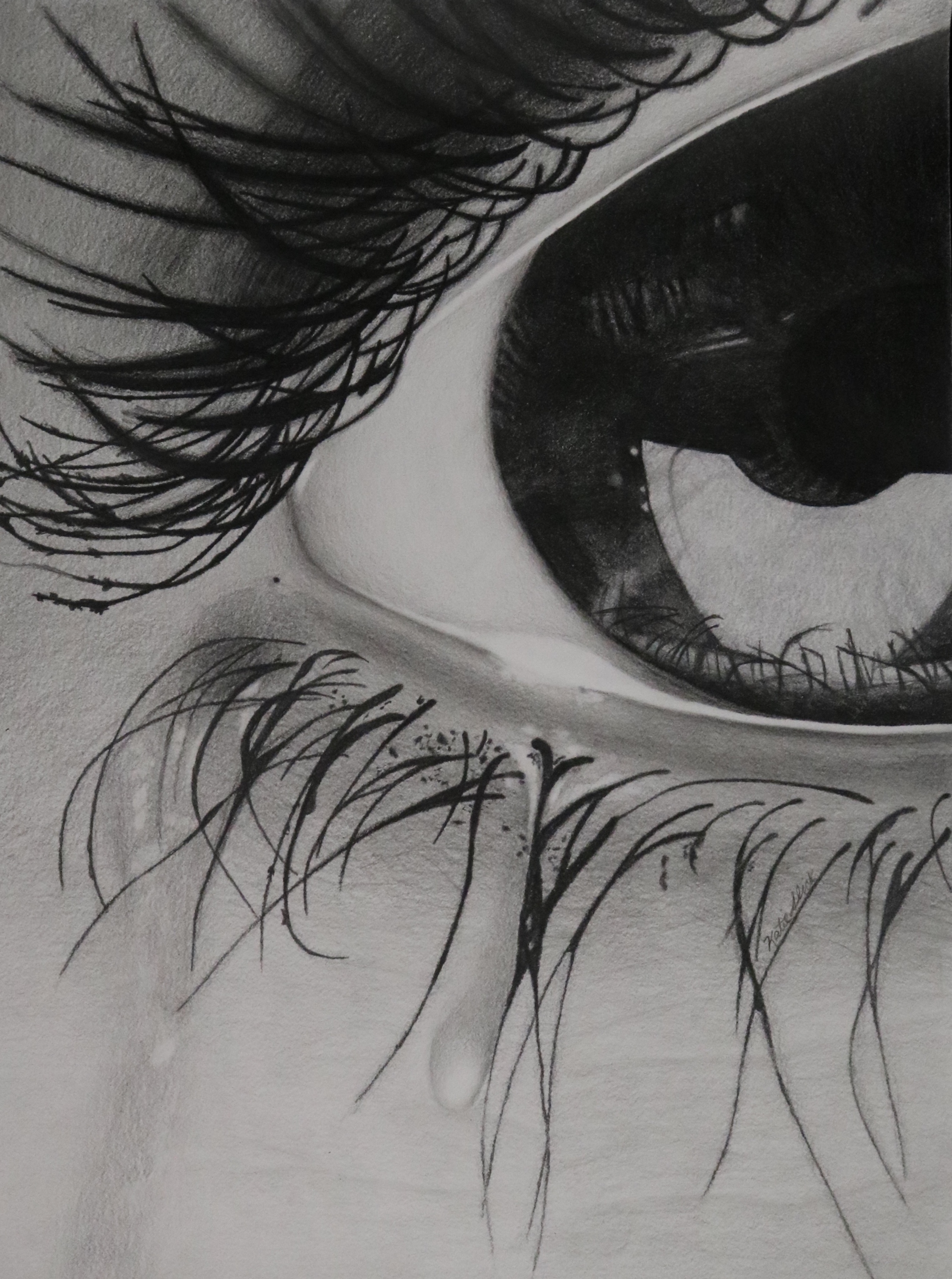Detailed graphite drawing of a close-up human eye and eyelashes.