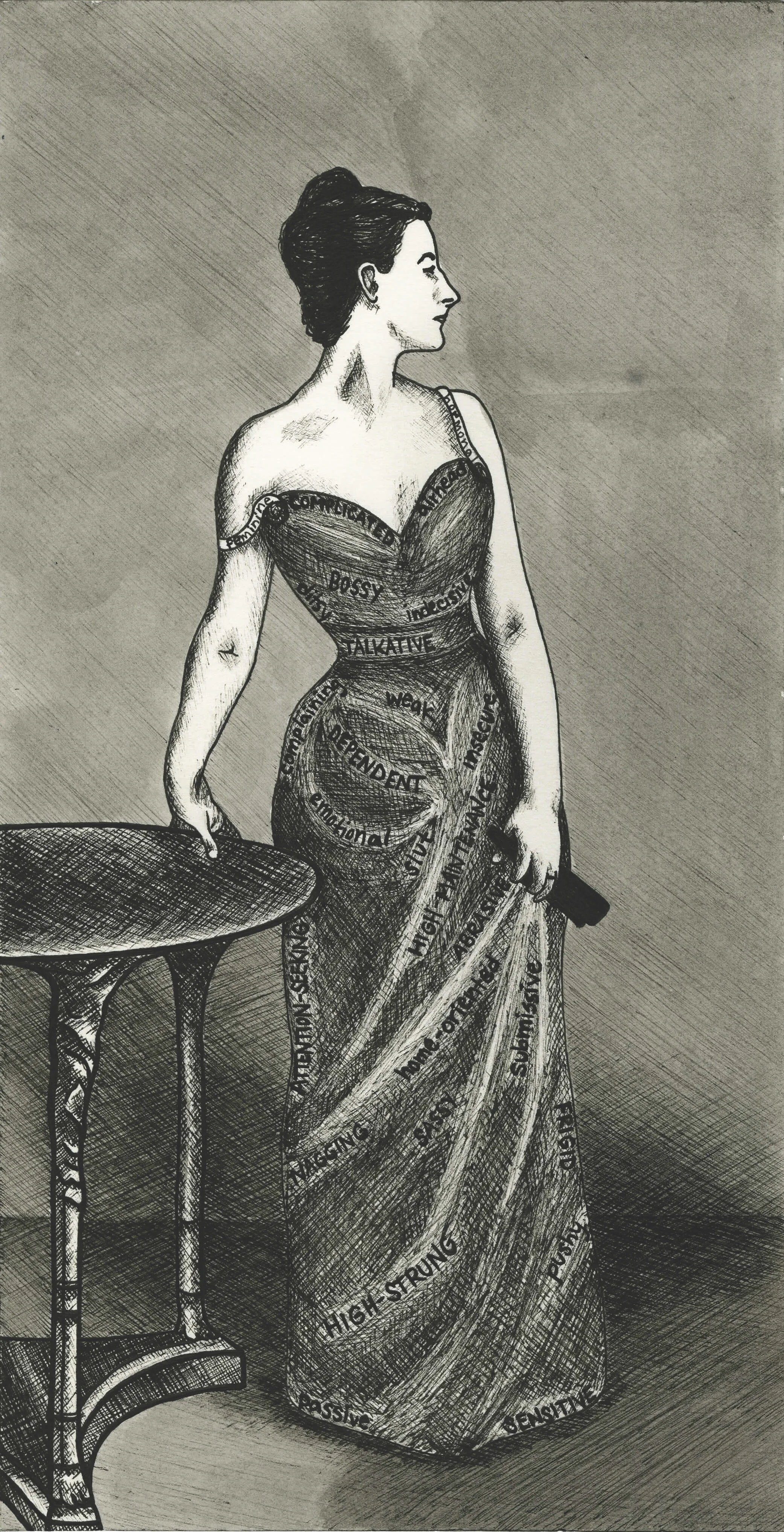 Ink recreation of Madame X with handwritten words incorporated throughout the dress.
