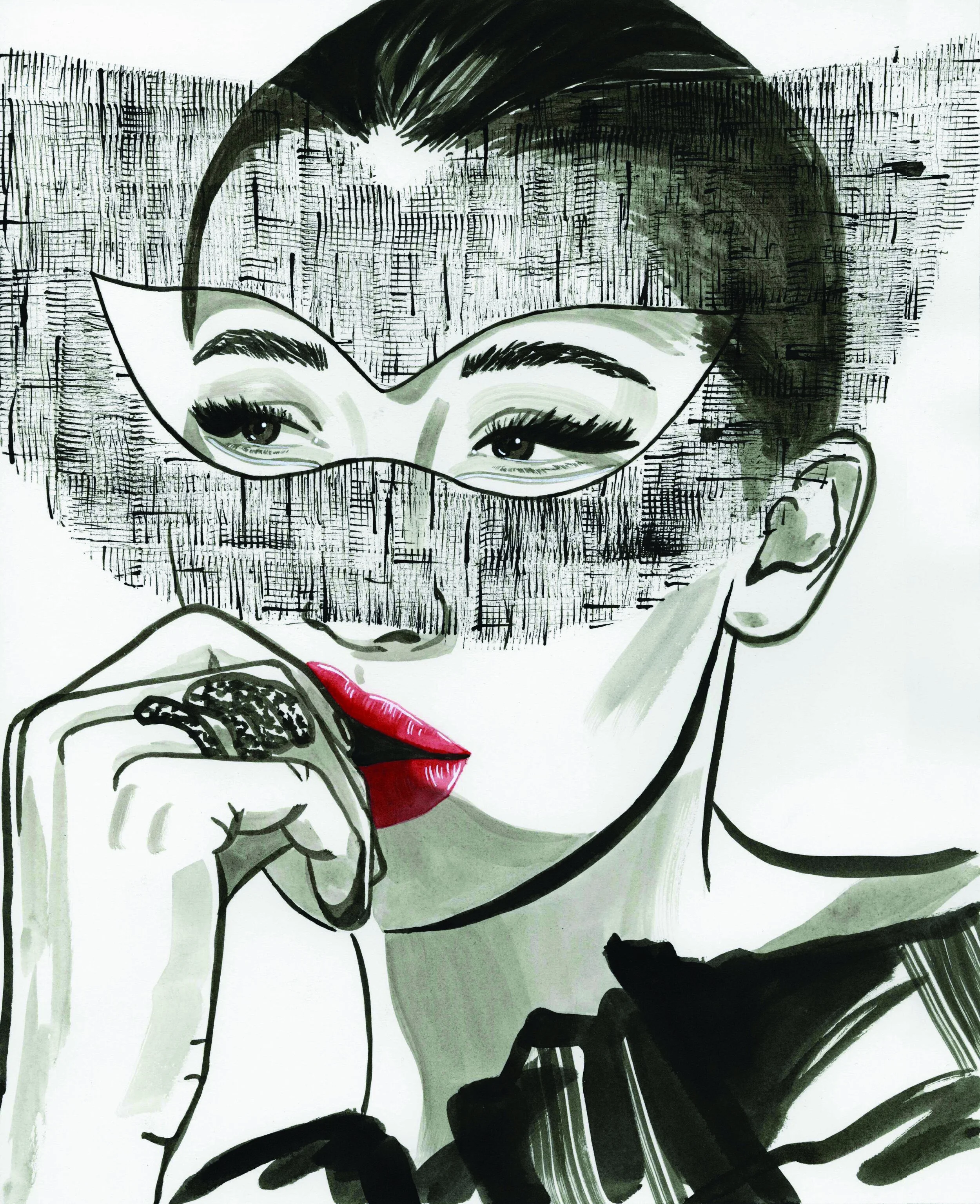 Ink portrait of a woman wearing a mask with selective red accents.