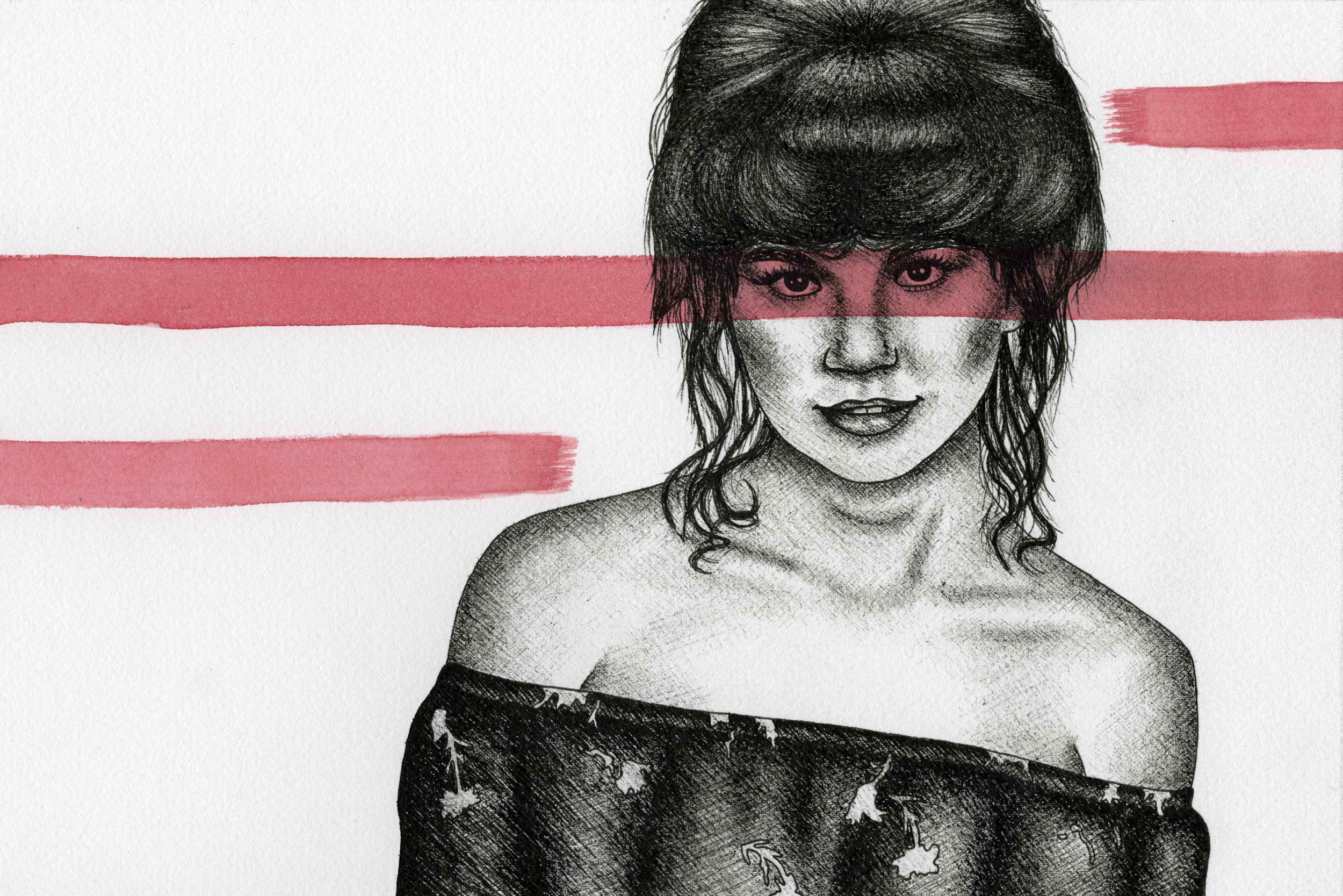 Ink and watercolor portrait of Linda Ronstadt with black linework and horizontal red watercolor accents.