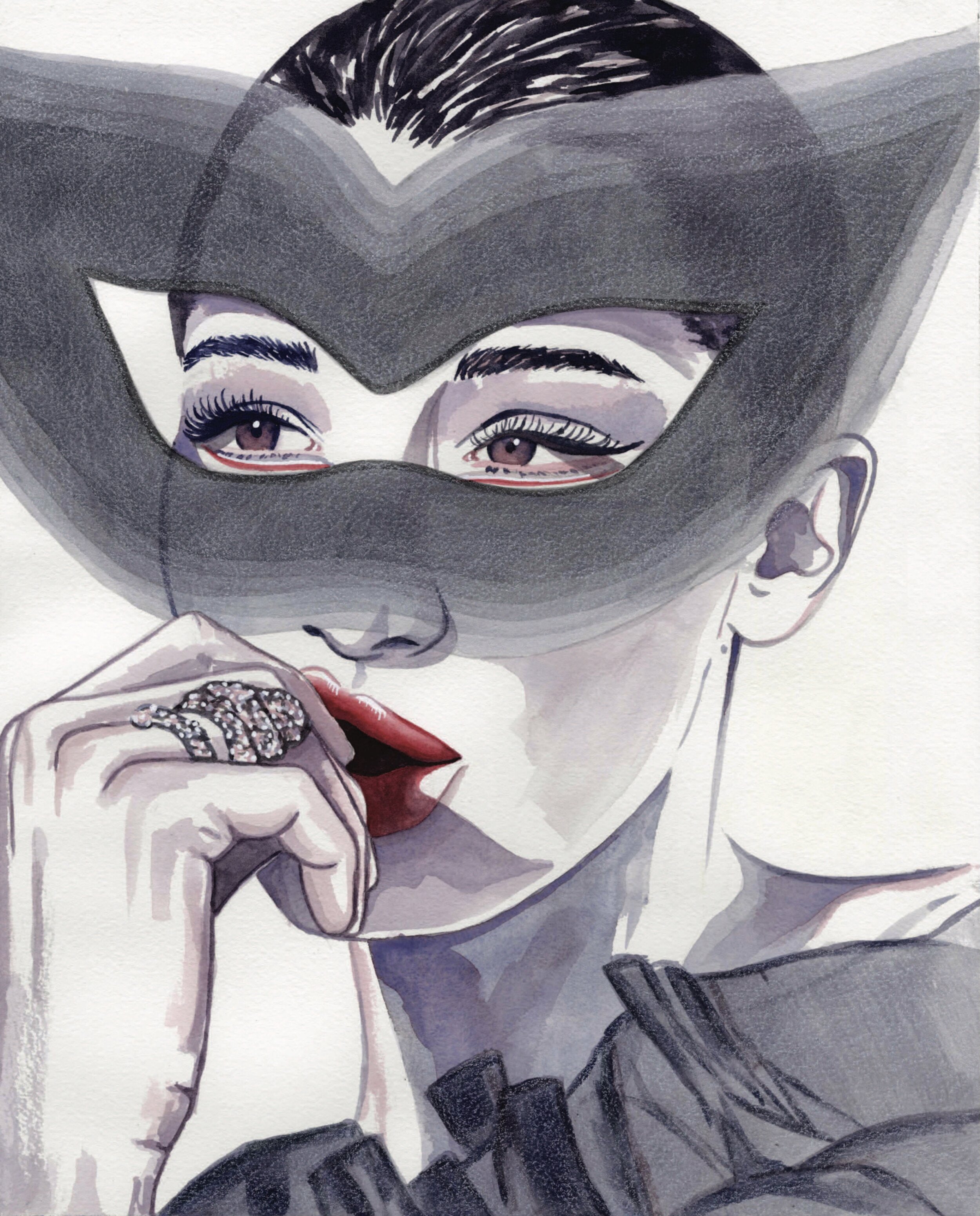 Mixed media portrait of a woman partially obscured by a dark abstract mask, with red lips and jeweled rings.