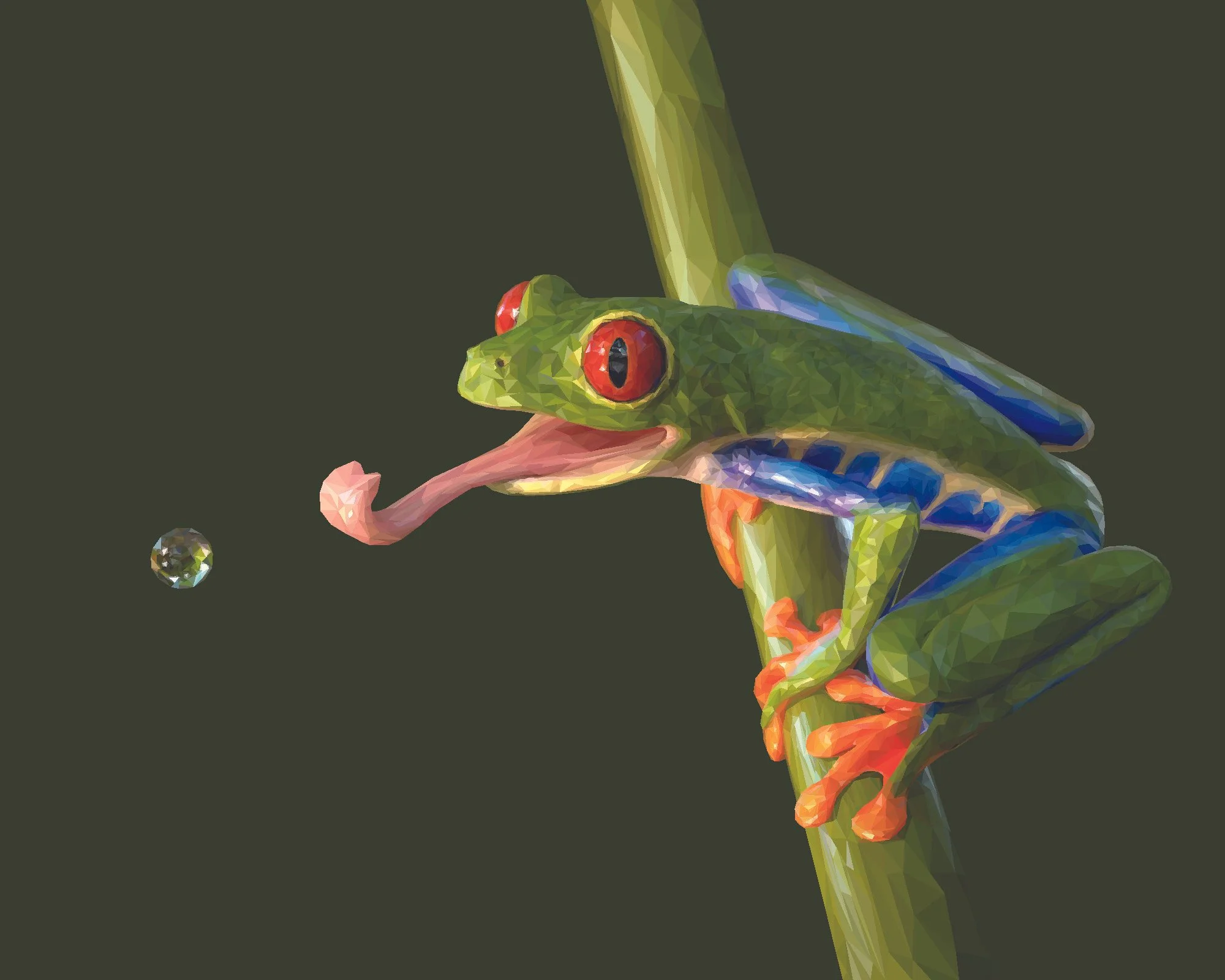 Low poly vector illustration of a colorful red-eyed tree frog perched on a stem with its tongue extended toward a droplet of water.