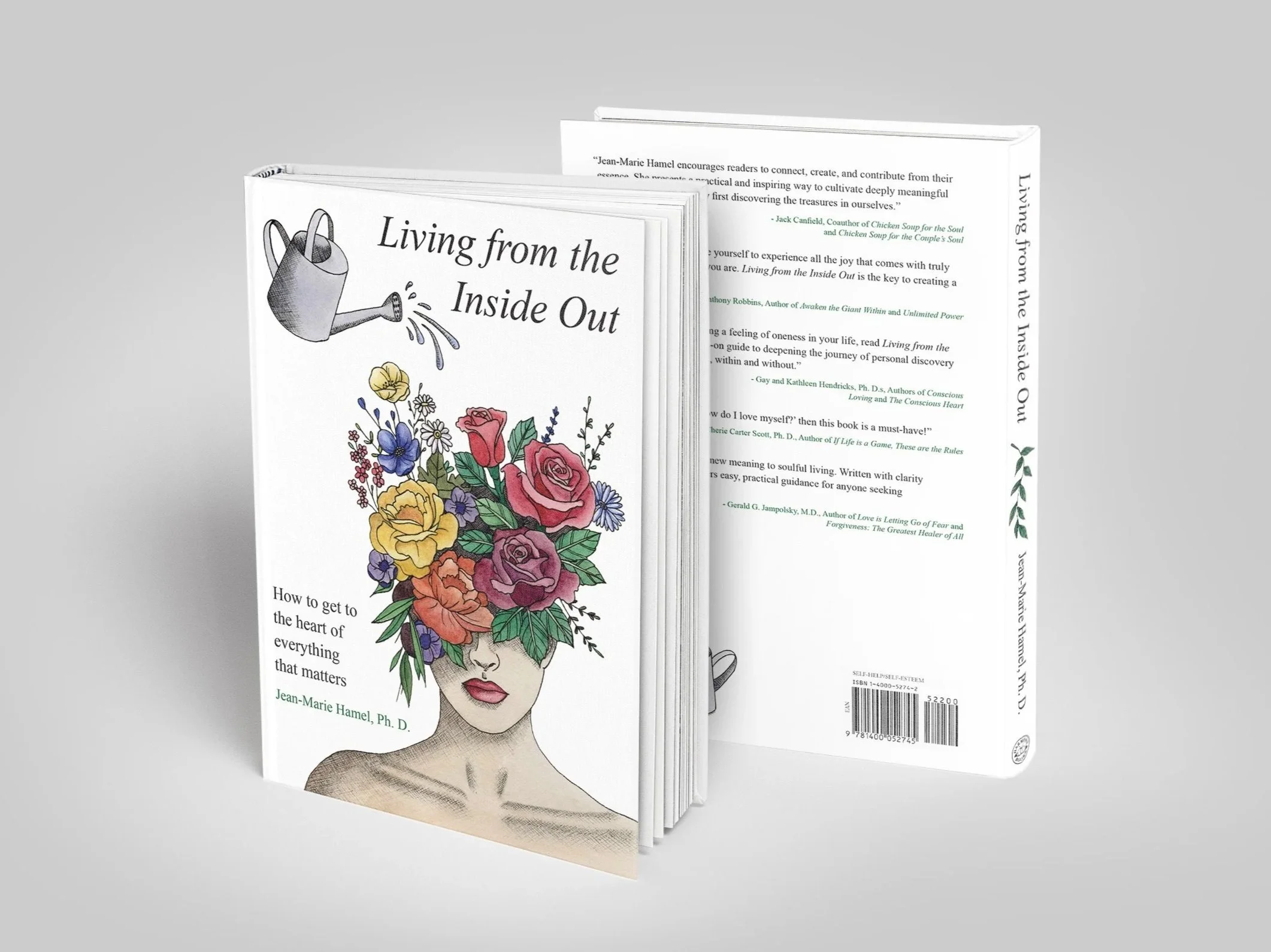 Student concept book jacket redesign for Living from the Inside Out featuring an ink and watercolor illustration of a woman with colorful flowers covering her eyes beneath a watering can.