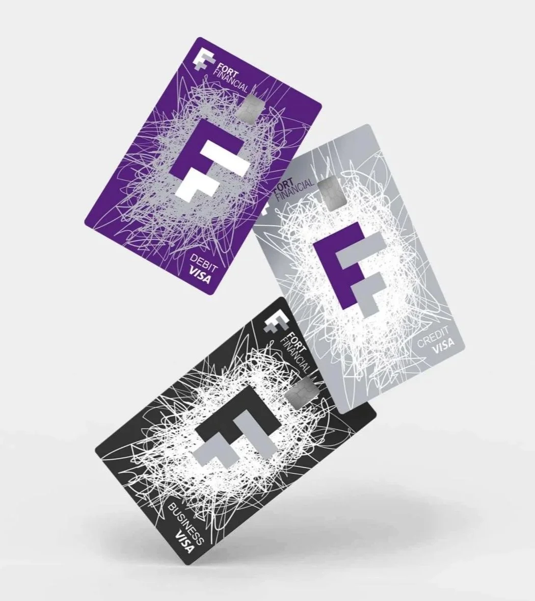 Debit, credit, and business card designs created by Katie Slick for Fort Financial Federal Credit Union’s 2022 rebrand.