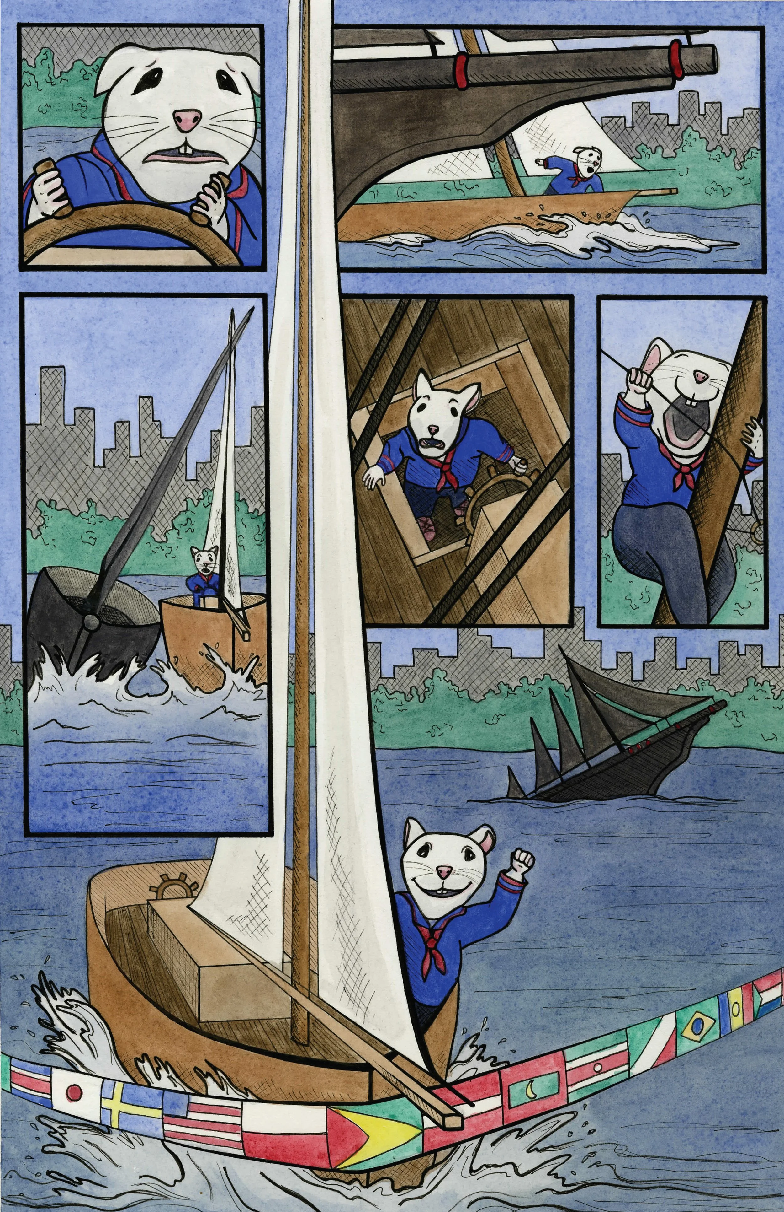 Ink and watercolor comic adaptation of the boat race scene from the 1999 film Stuart Little, shown across multiple illustrated panels.