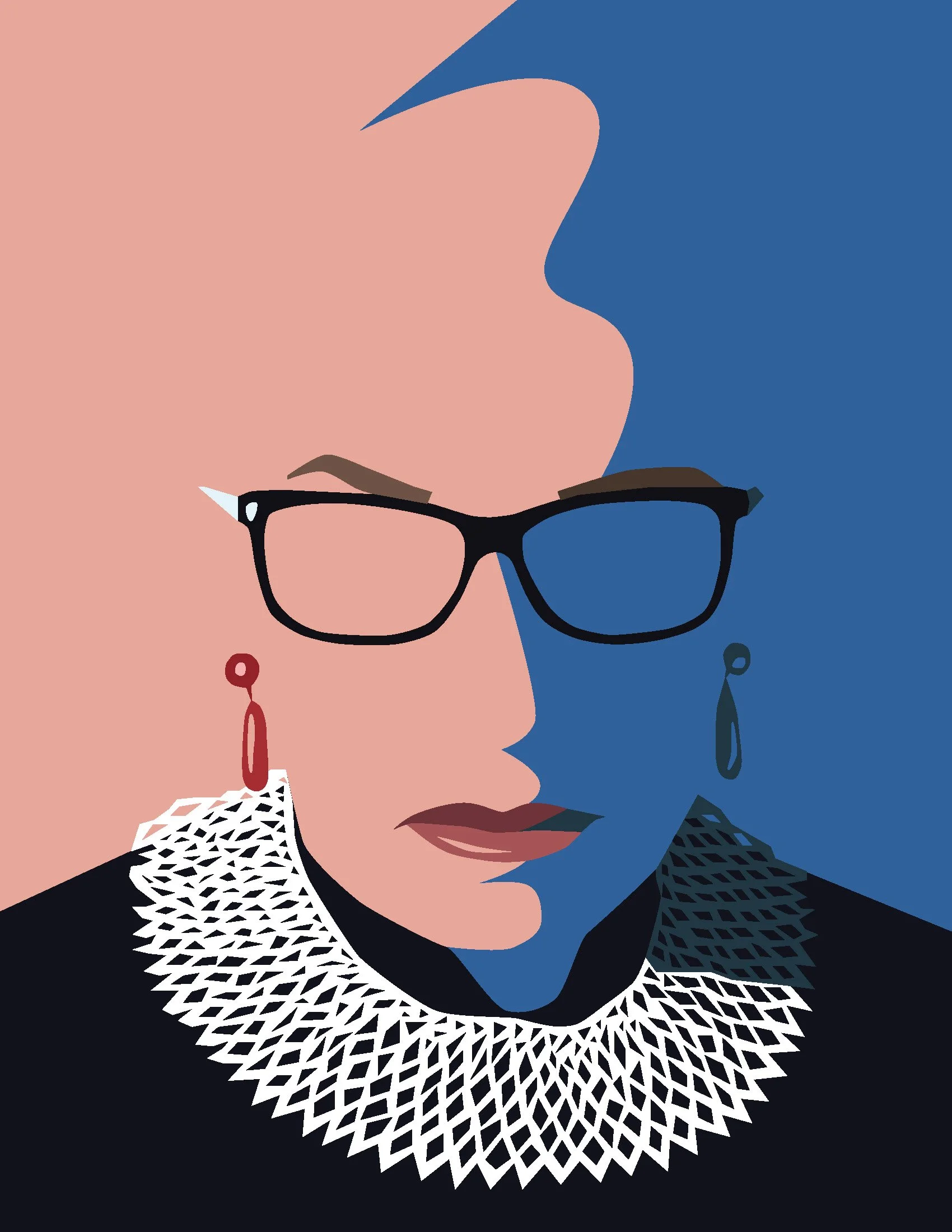 Stylized vector portrait of Ruth Bader Ginsburg featuring her glasses, earrings, and distinctive lace collar against a divided pink and blue background.