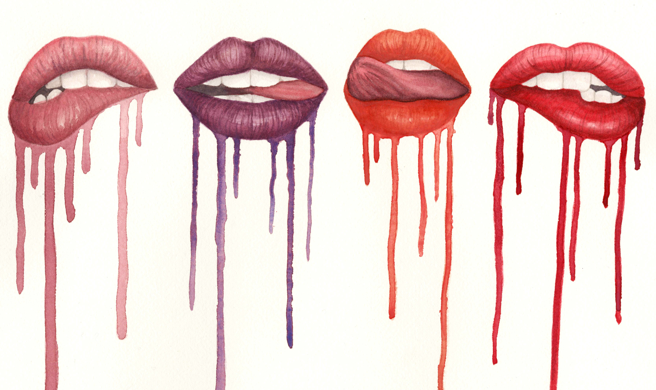 Watercolor painting of four colorful lips with dripping paint.