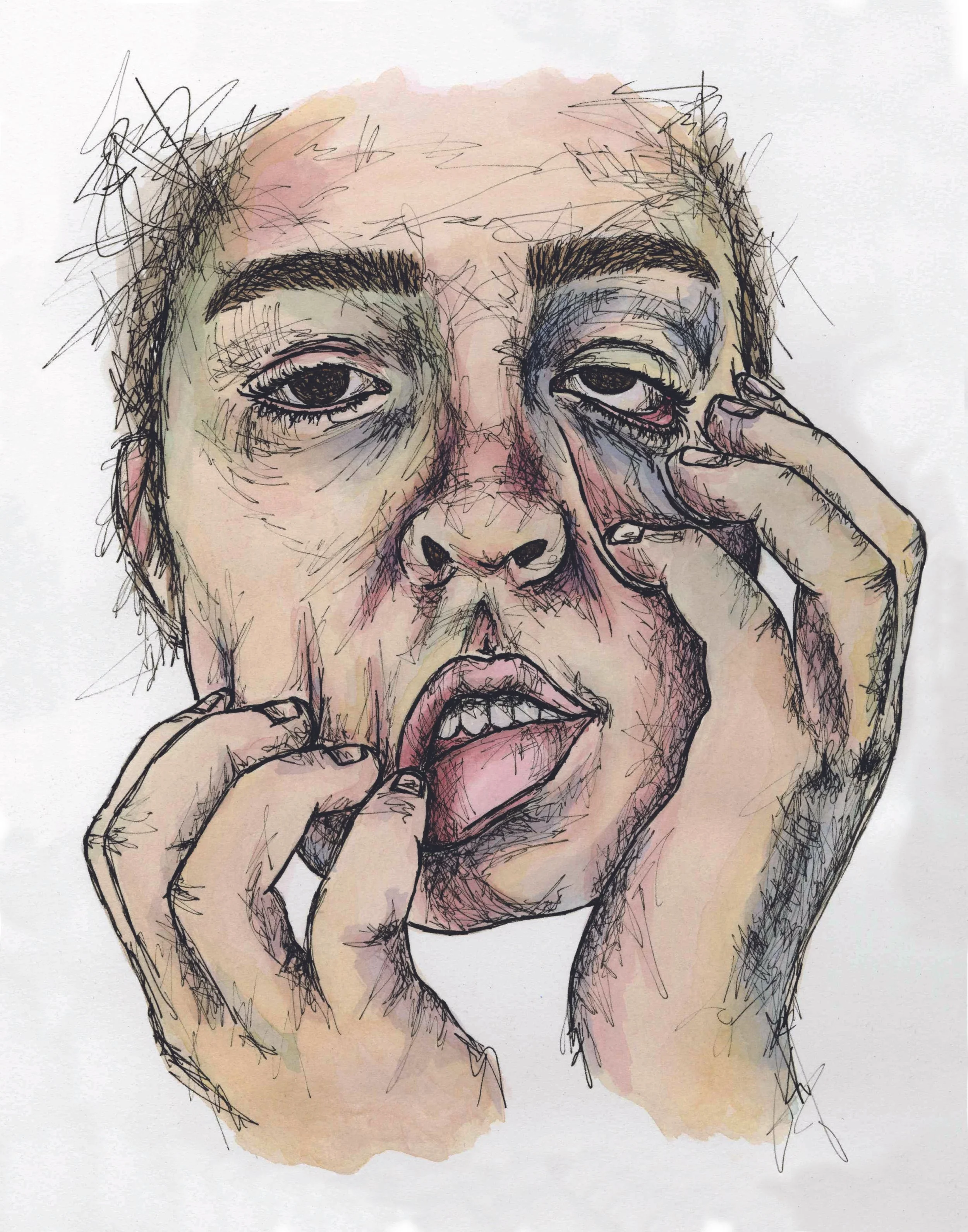 Expressive ink and watercolor portrait of a person pulling at their face, with loose linework and muted washes.