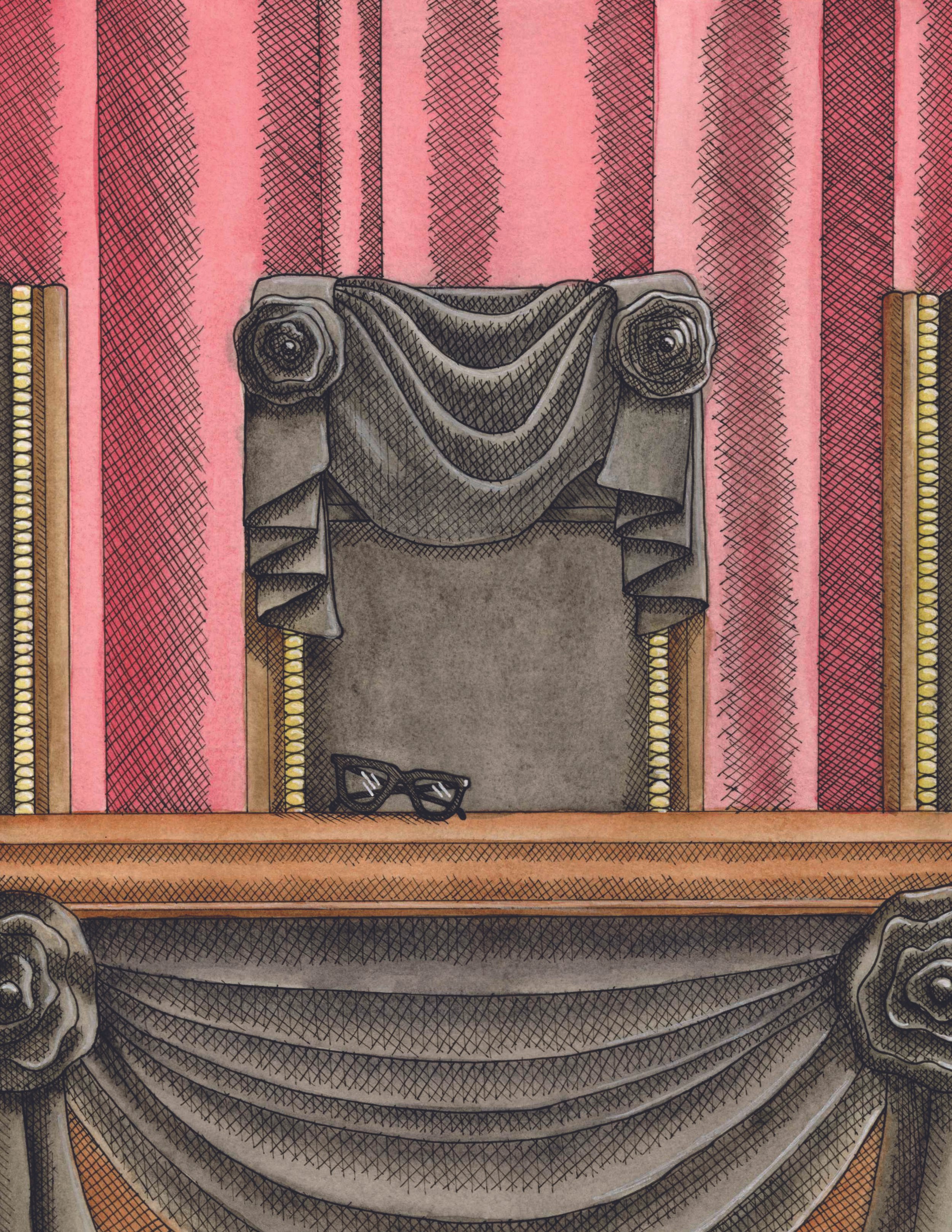 Illustration of Ruth Bader Ginsburg’s empty judicial chair with her glasses left behind, created in ink, watercolor, and gel pen.