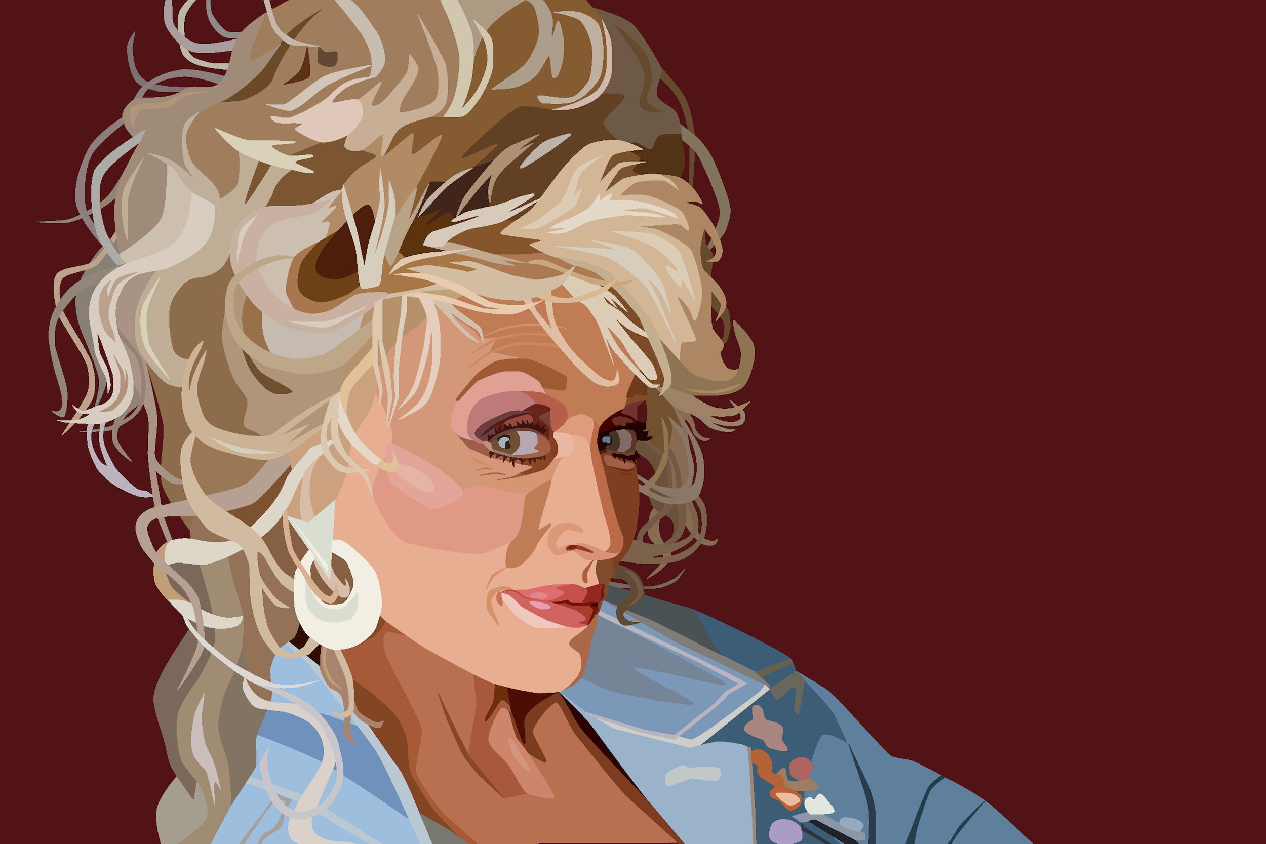 Stylized vector portrait of Dolly Parton with voluminous blonde hair, statement earrings, and a blue outfit against a deep red background.