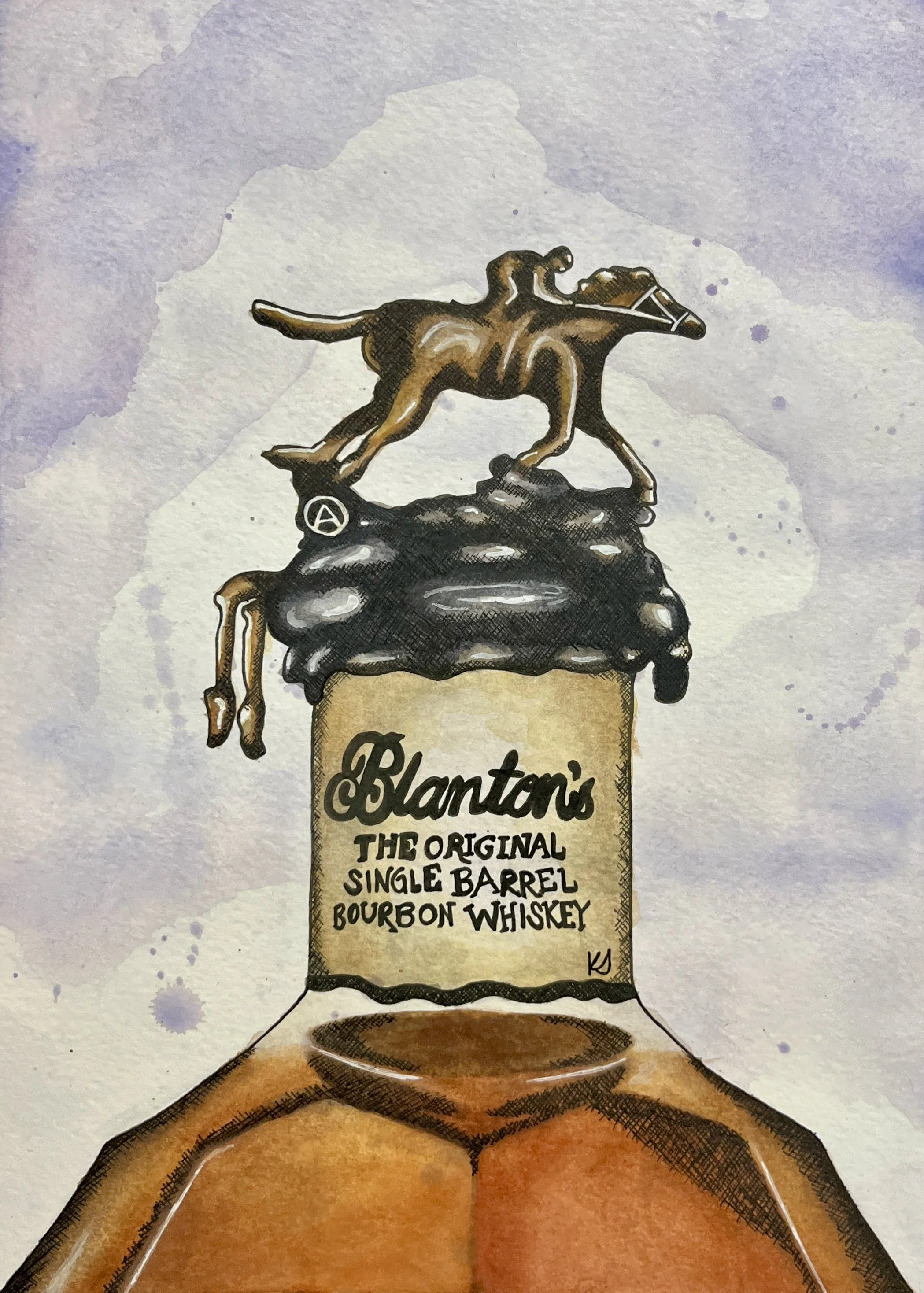 Watercolor painting of a Blanton’s bourbon bottle with its horse-and-jockey stopper by Katie Slick.