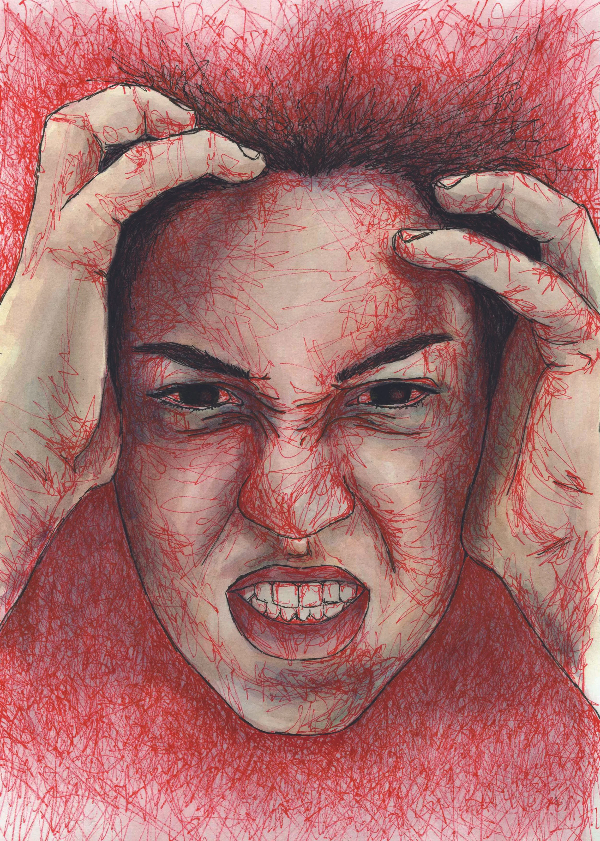 Expressive ink and watercolor portrait of a person gripping their hair, rendered with chaotic red linework.
