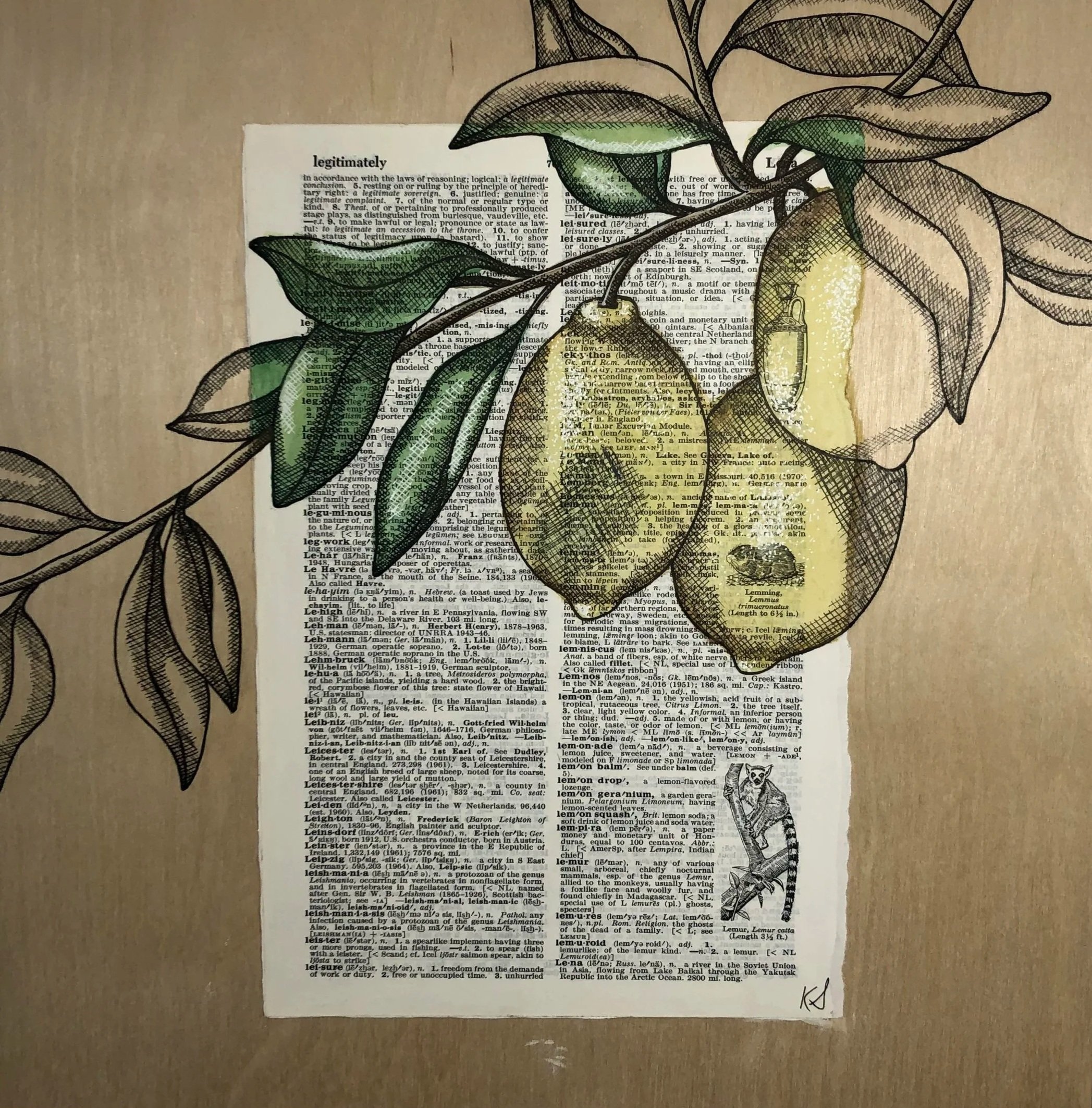 Mixed media artwork of lemons on a branch illustrated over a vintage dictionary page mounted on a wooden panel.