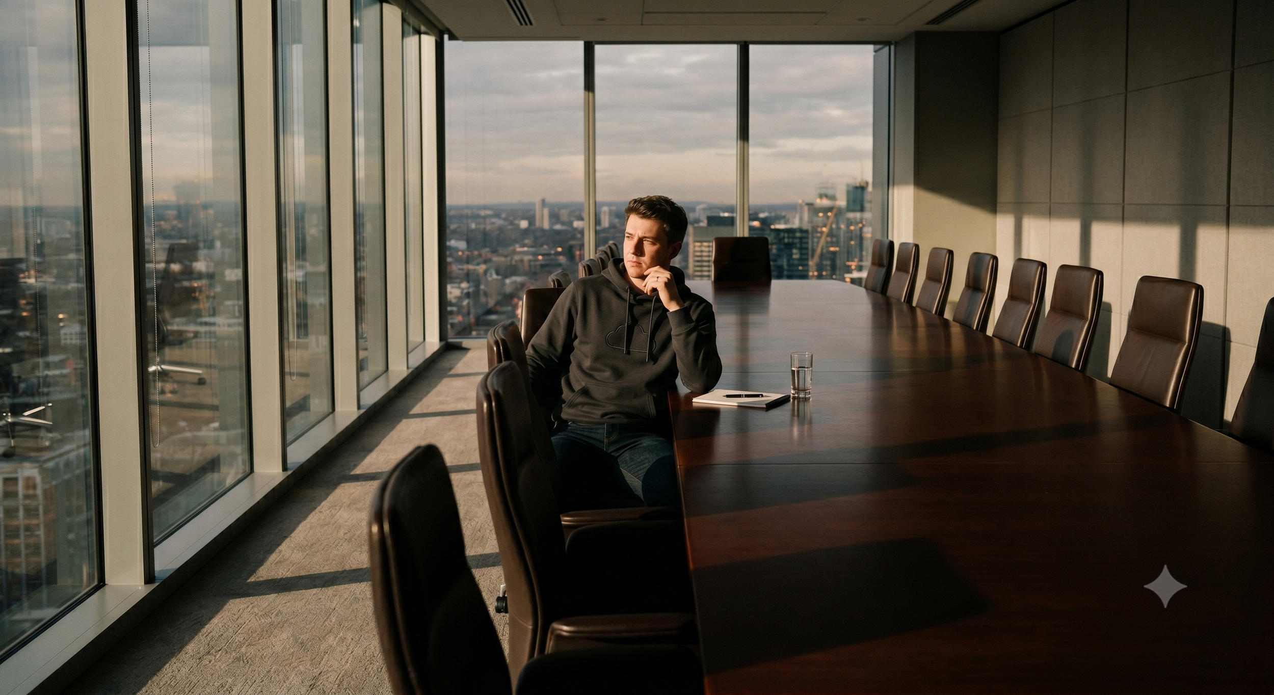 A CEO sitting alone at a large conference table, representing executive isolation.