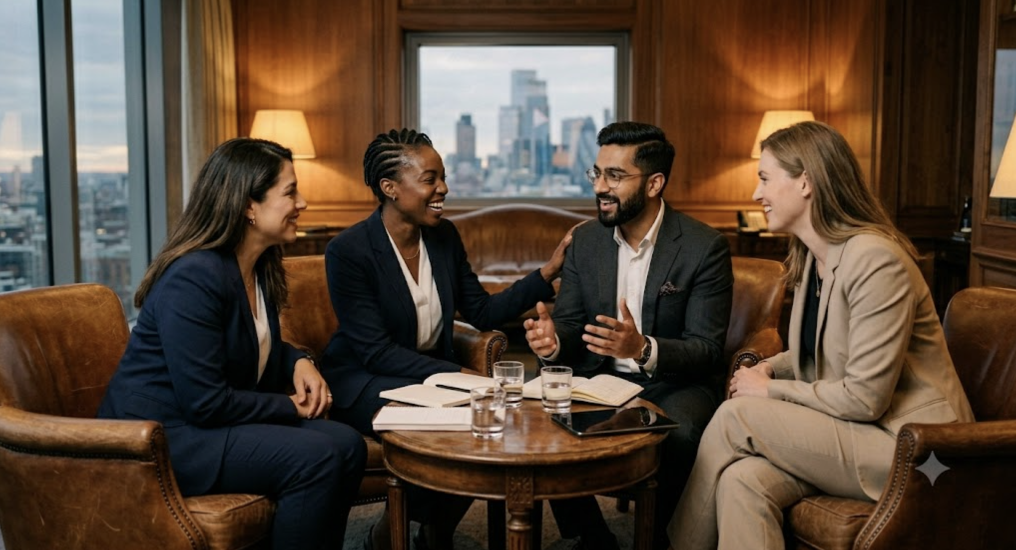 A small group of founders and executives in a peer mastermind discussion.