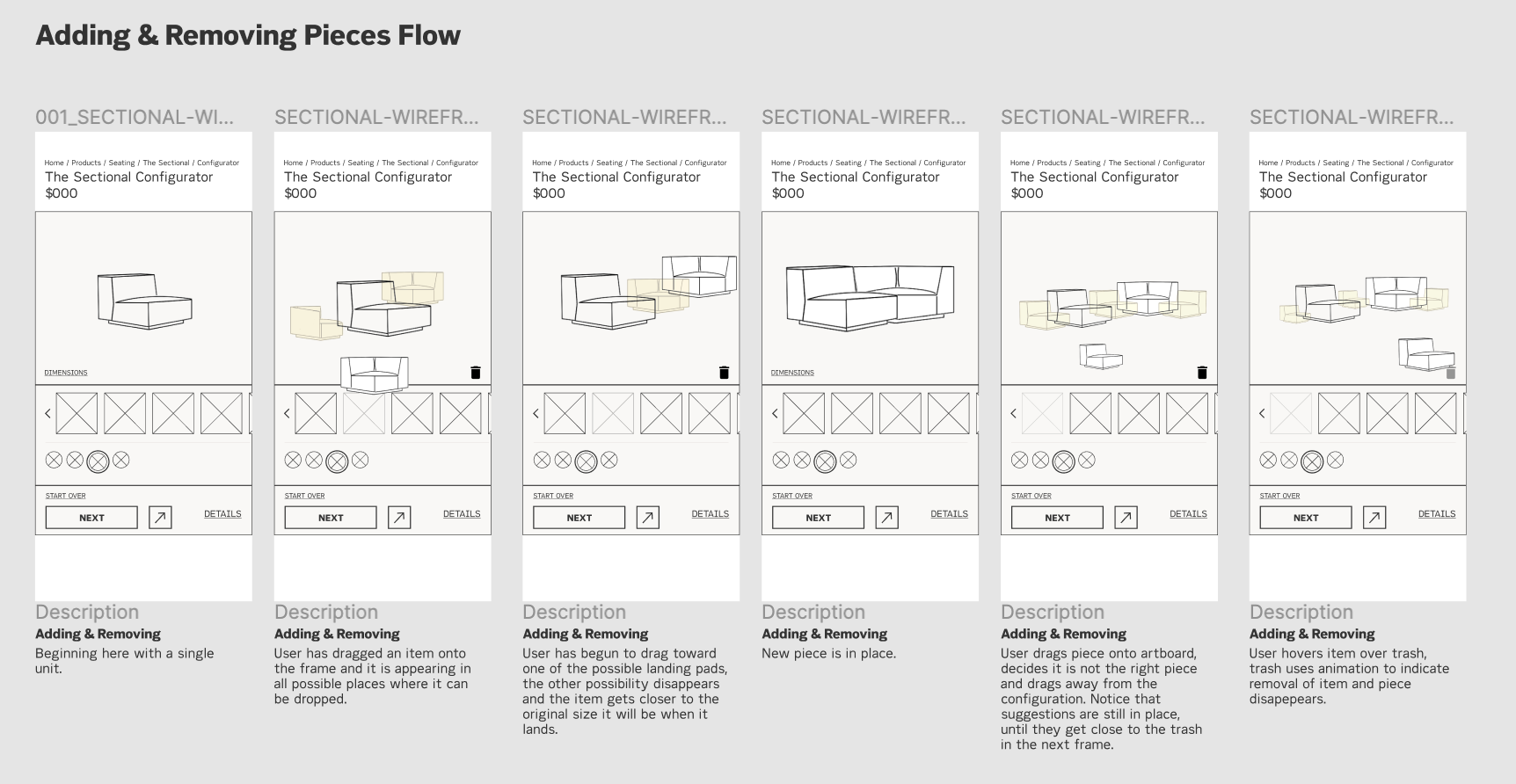 We tested different usability preferences through user interviews and hueristic evaluations of other sectional configurators in the industry. Ultimately, we landed here, with a simple drag &amp; drop flow.