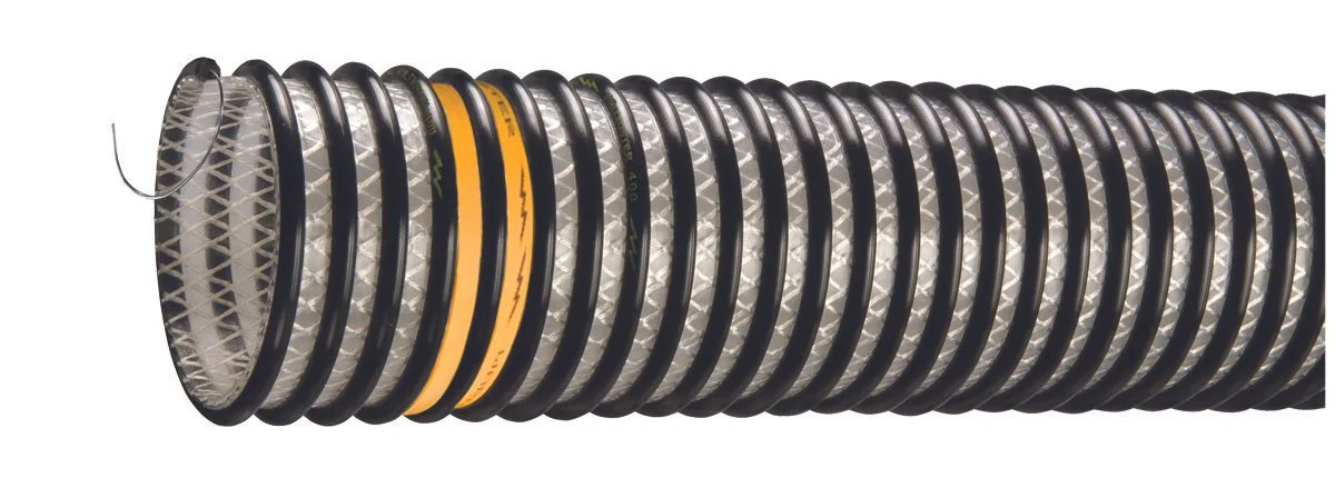 Close-up of a flexible black and yellow hose with a metal mesh exterior.