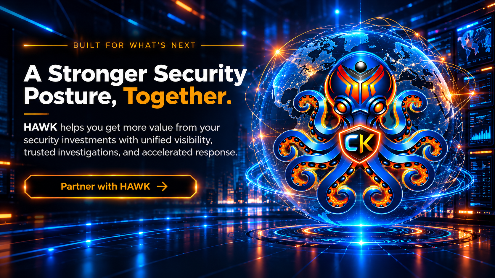 HAWK Network Defense partnership graphic highlighting stronger security through existing investments, unified visibility, evidence-based investigations, and accelerated response.