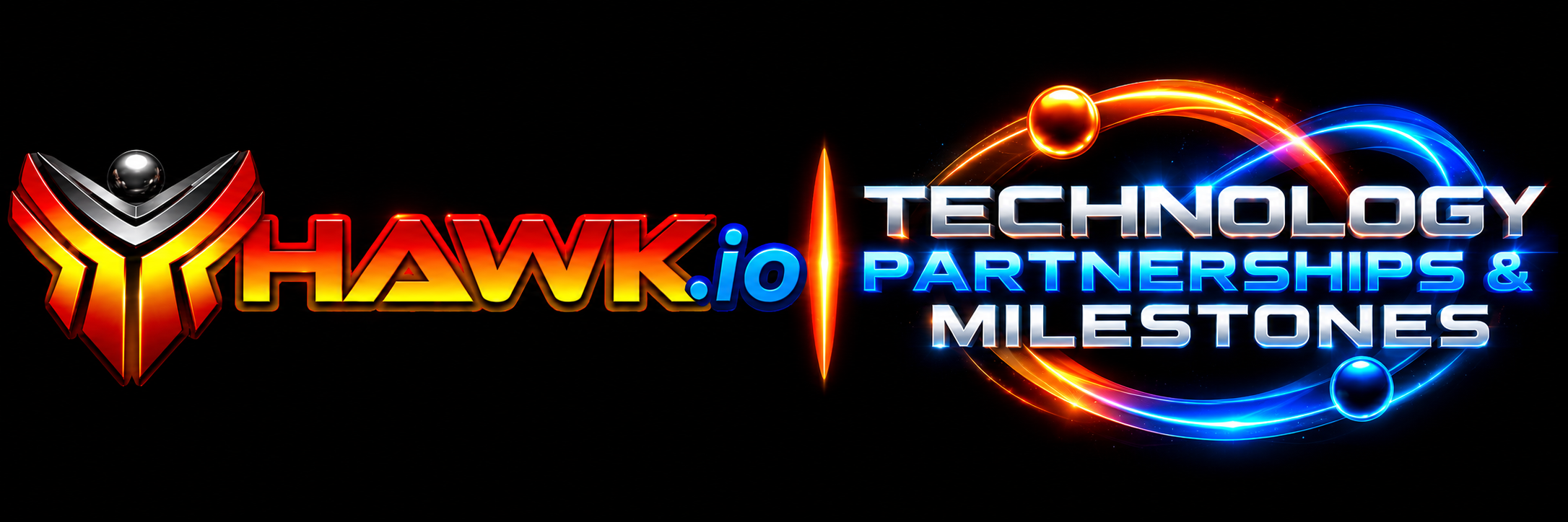 HAWK.io Technology Partnerships & Milestones banner featuring the HAWK emblem and glowing orbital graphics.