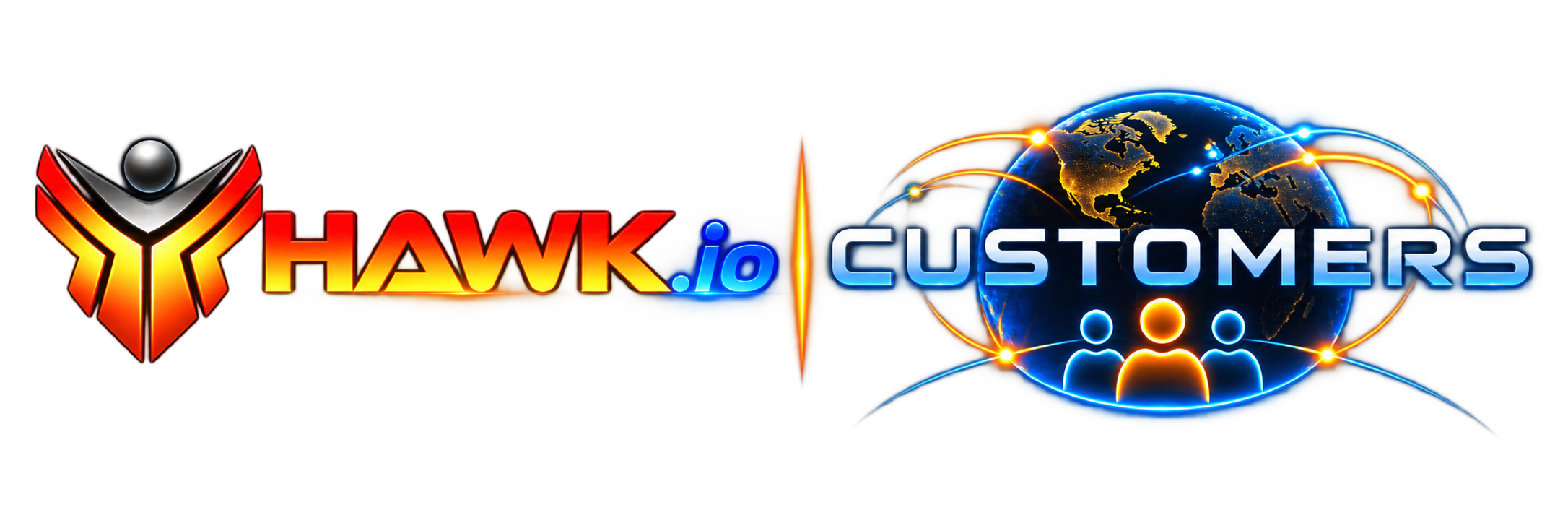 HAWK.io Customers graphic featuring the HAWK Network Defense logo, a connected global network, and customer icons representing organizations using HAWK cybersecurity solutions.