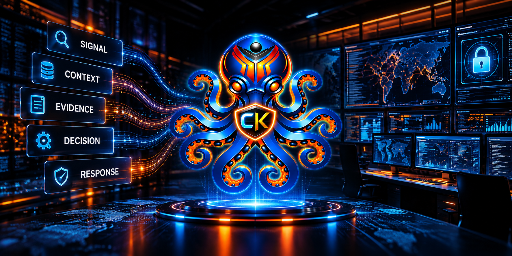 HAWK Octopus cAI security investigation workflow connecting signal, context, evidence, decision, and response.