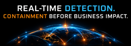 HAWK.io footer graphic featuring “Real-Time Detection. Containment Before Business Impact.” above a blue-and-orange connected global network.