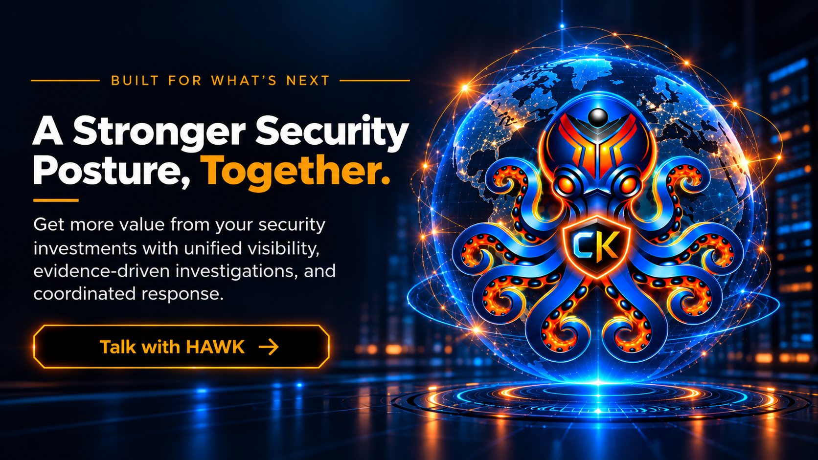 HAWK.io cybersecurity illustration highlighting unified visibility, evidence-driven investigations, and coordinated response.