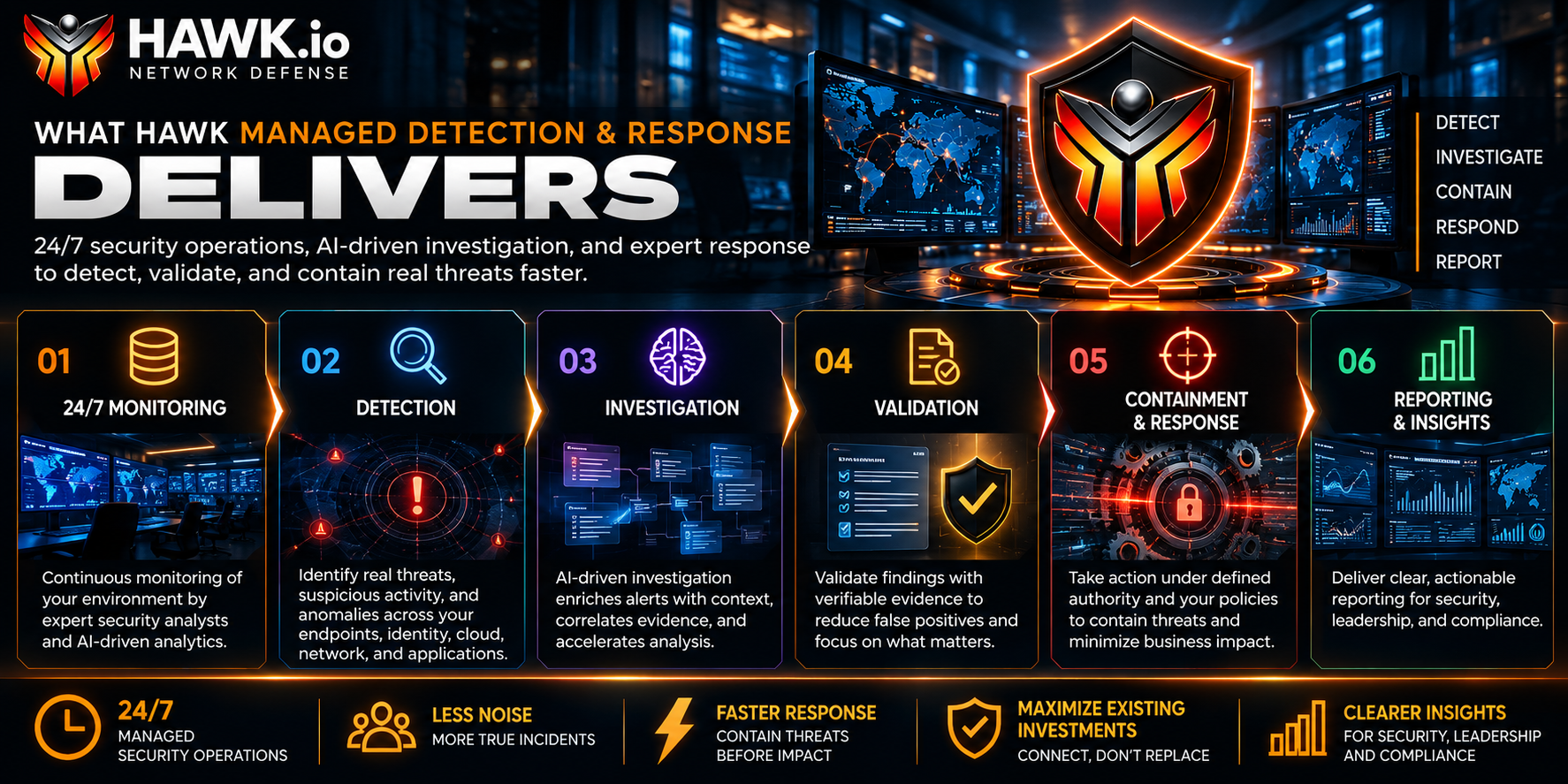 HAWK managed detection and response capabilities infographic showing 24/7 monitoring, threat detection, investigation, evidence validation, coordinated response, and security reporting.