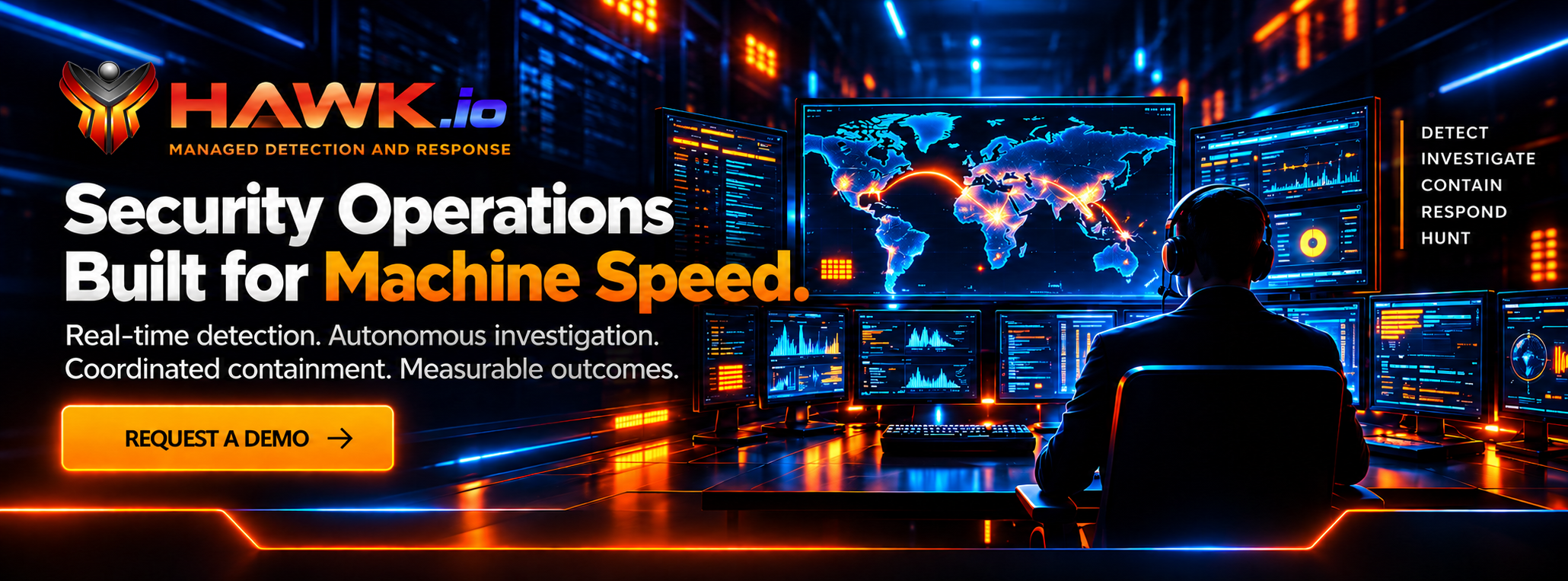 HAWK.io MDR AI-driven security operations command center with global threat monitoring and automated response.