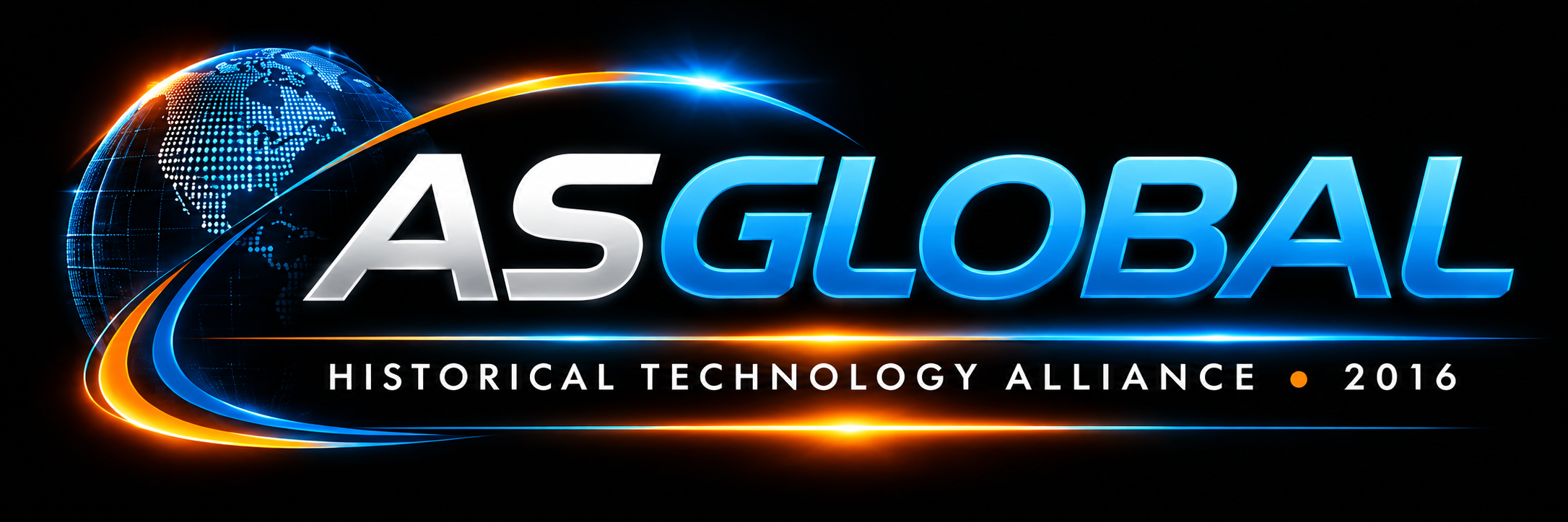 ASGlobal graphic featuring blue and silver lettering, a digital globe, and orange-blue accents, highlighting its 2016 technology alliance with HAWK Network Defense.