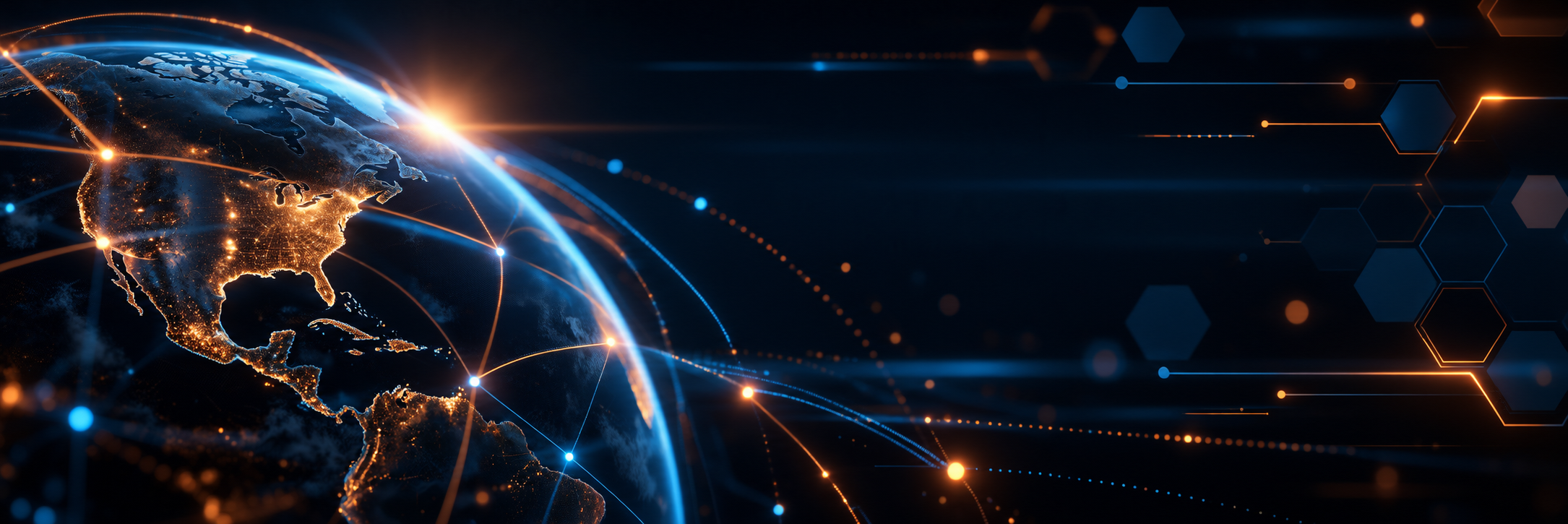 Global network graphic showing connected security data and communications across geographic locations.