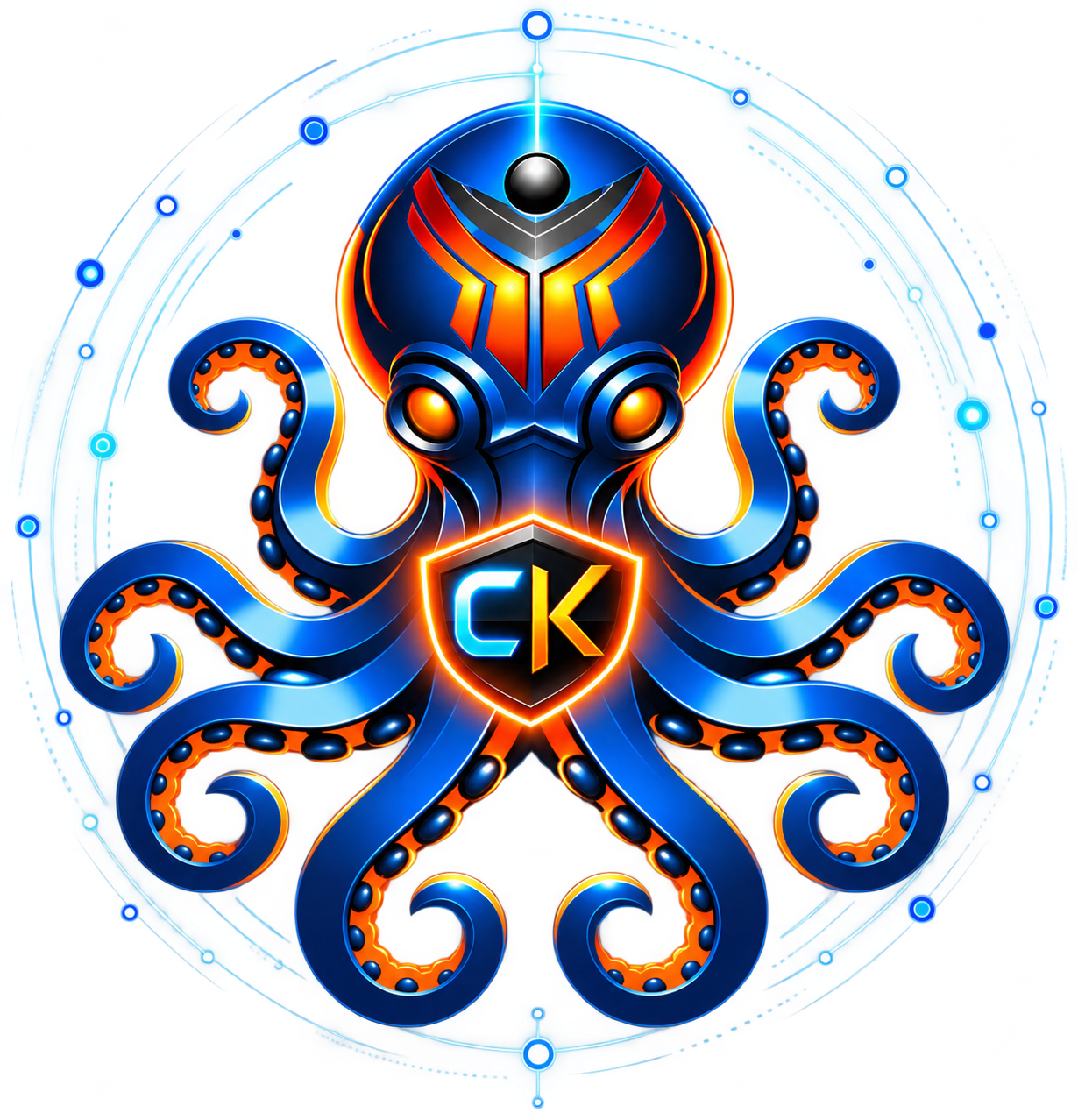 Digital illustration of a stylized octopus with a futuristic armor helmet, surrounded by a glowing circular energy field. The octopus has blue and orange accents, with a shield displaying the initials 'CK' on its chest.
