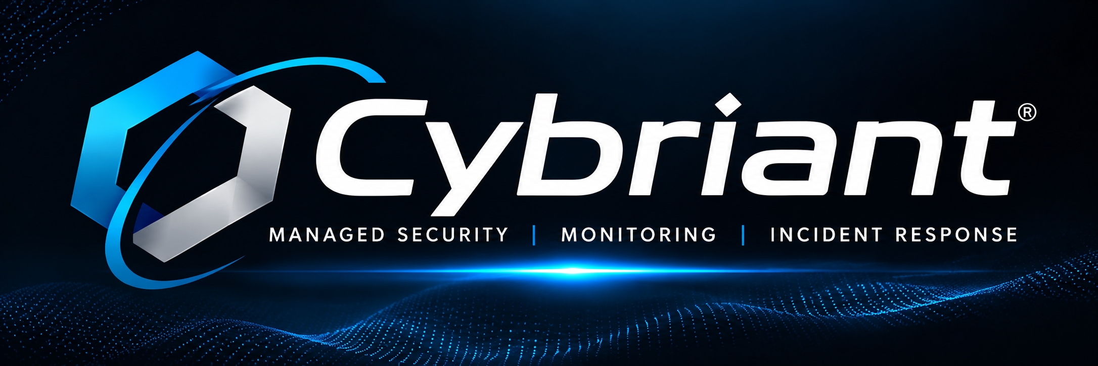 Cybriant cybersecurity graphic featuring its blue-and-silver emblem and white wordmark, representing its 2018 security operations partnership with HAWK.