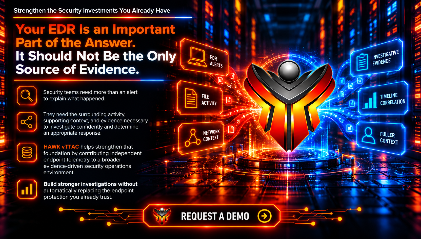 Digital graphic emphasizing the importance of Encryption Detection and Response (EDR) in security. It features a central abstract shield with glowing orange and blue digital effects, surrounded by icons and text about security components like alerts, files, network context, and evidence. The image highlights the need for comprehensive security strategies over just alerts, with a button labeled 'Request a Demo' at the bottom.