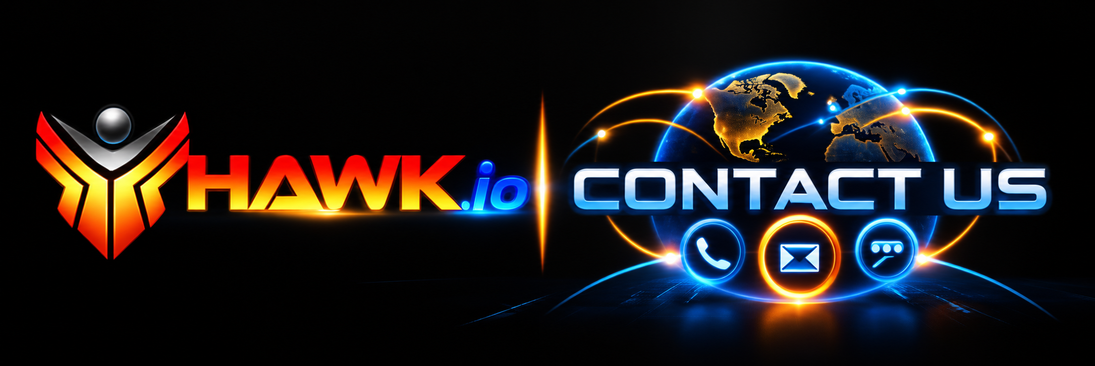 HAWK.io Contact Us banner featuring the HAWK Network Defense logo, a connected global network, and phone, email, and chat icons representing cybersecurity inquiries and customer support.