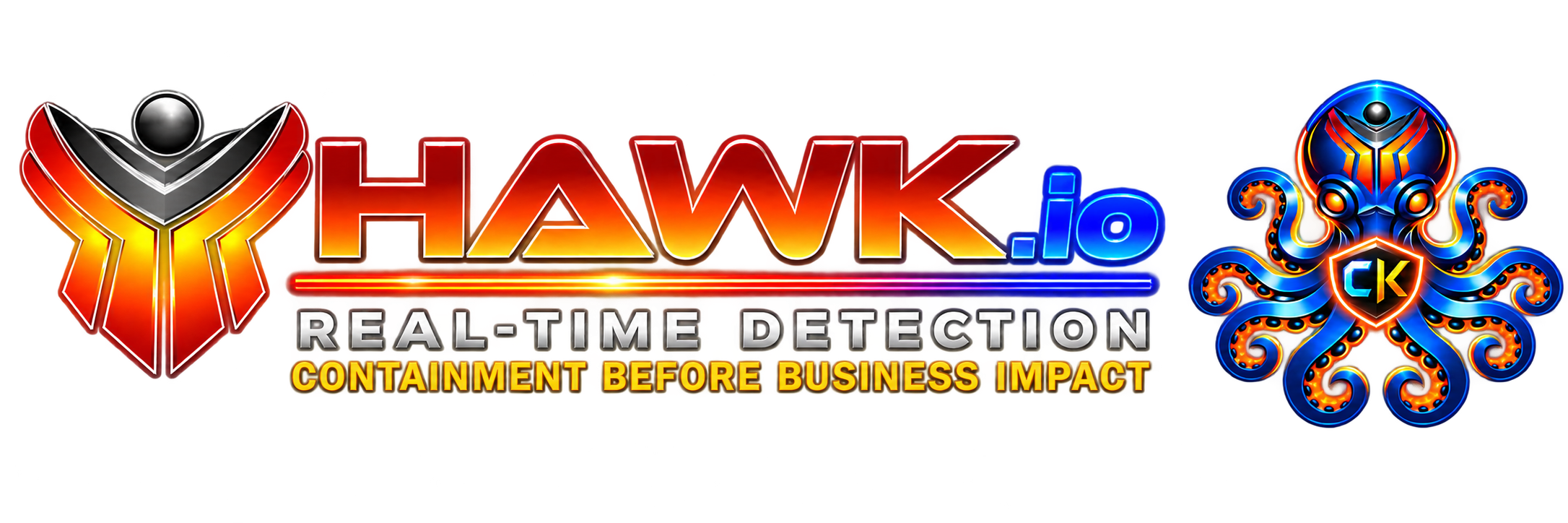 HAWK.io Network Defense and Octopus cAI graphic with the message “Real-Time Detection — Containment Before Business Impact.”