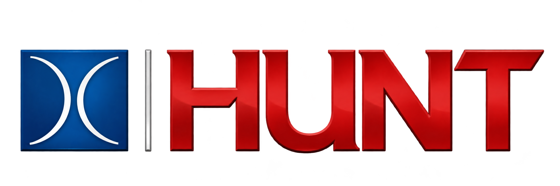 HUNT Companies logo with red and white lettering beside its blue square emblem.