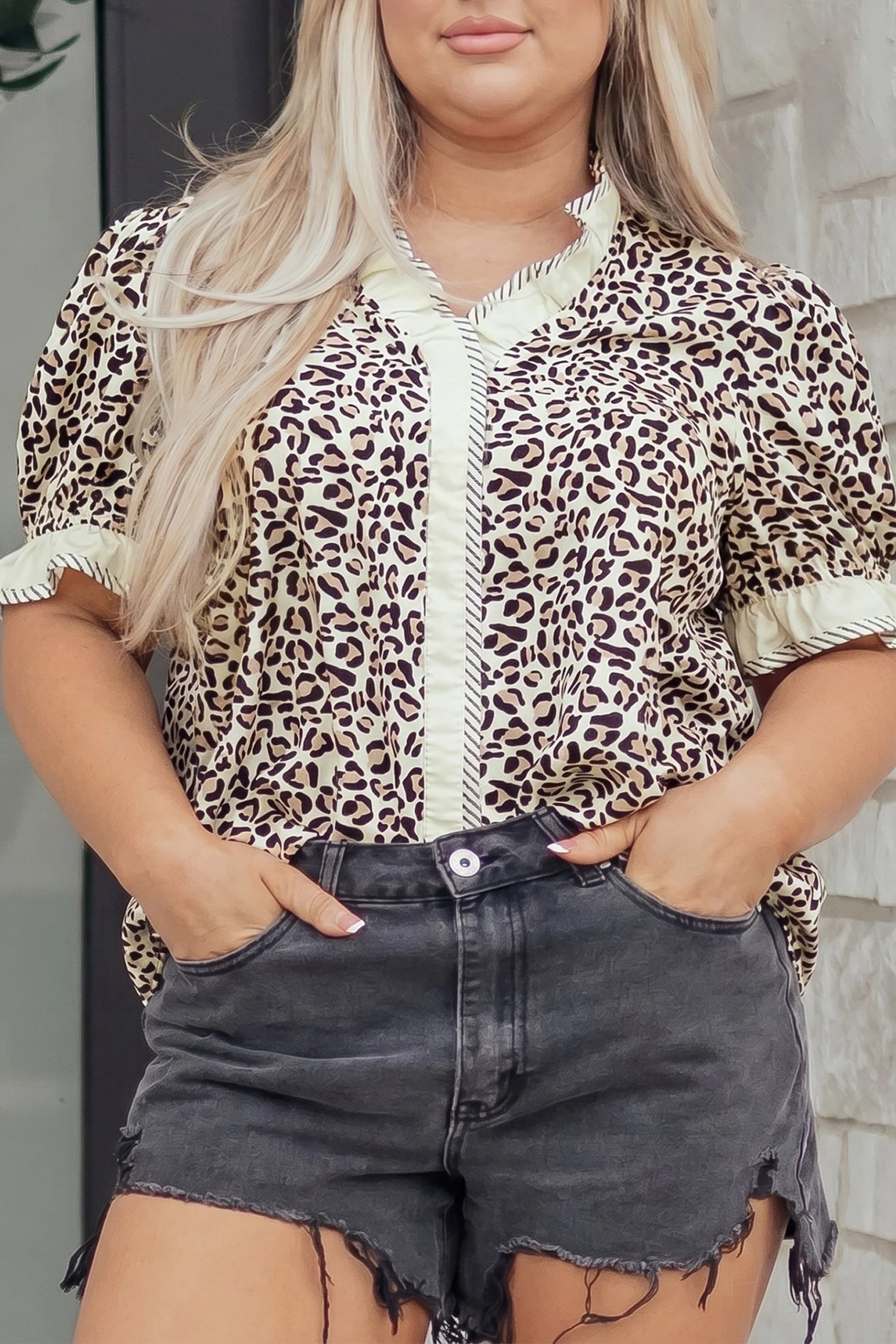 Plus Leopard Print Striped Color Block Trim Frilled V Neck Short Sleeve Blouse