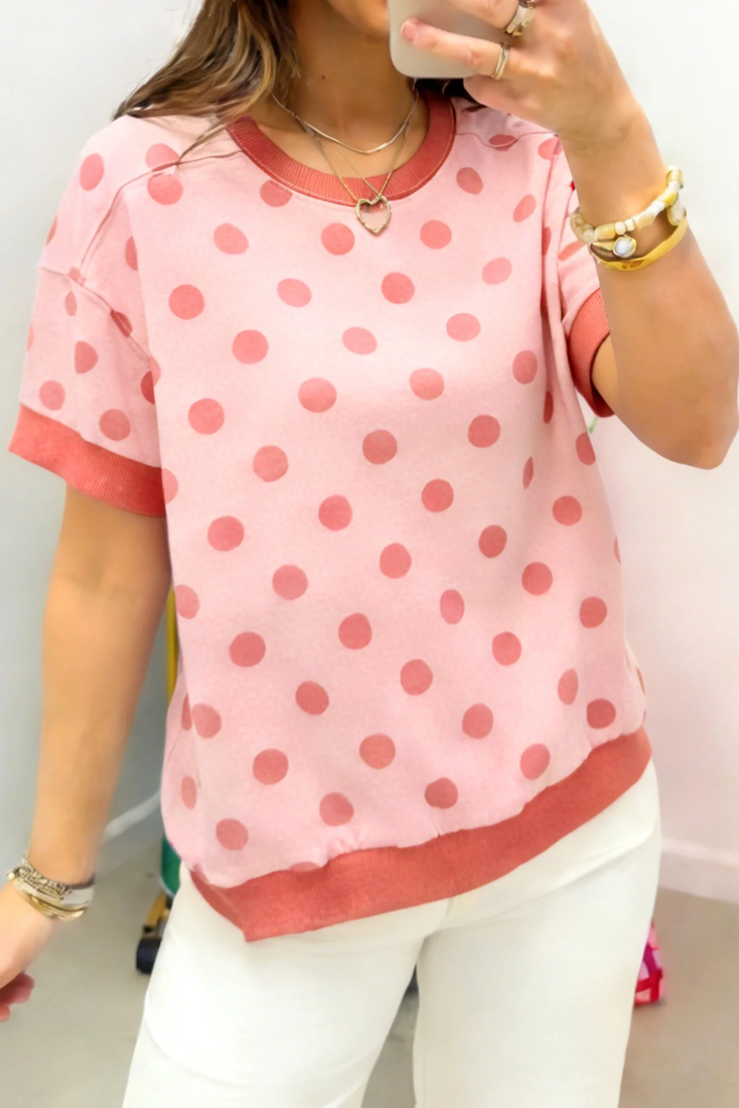 Color Block Trim Polka Dot Casual Tee