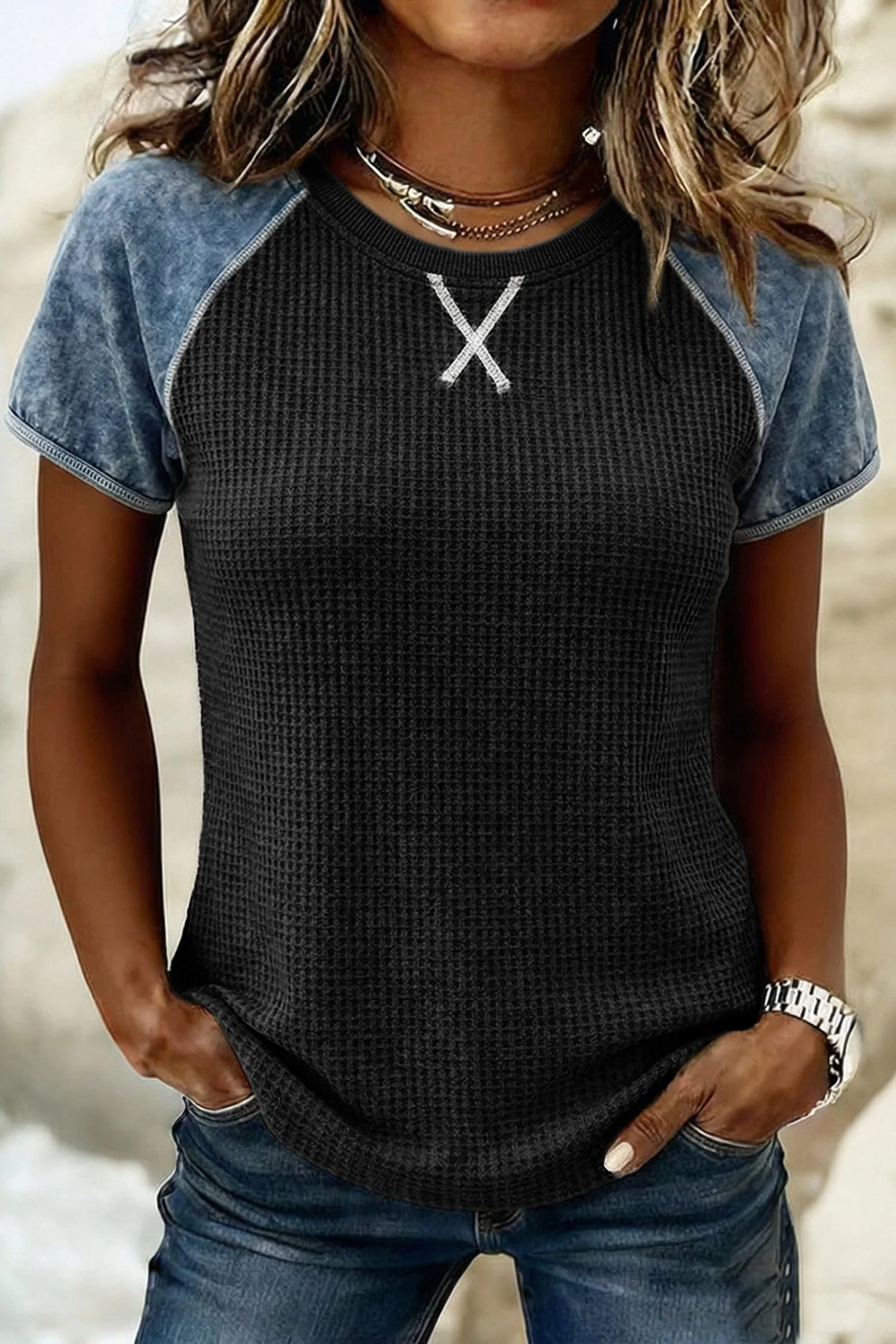 Waffle Knit Seam Detail Color Block Patchwork Short Sleeve Top
