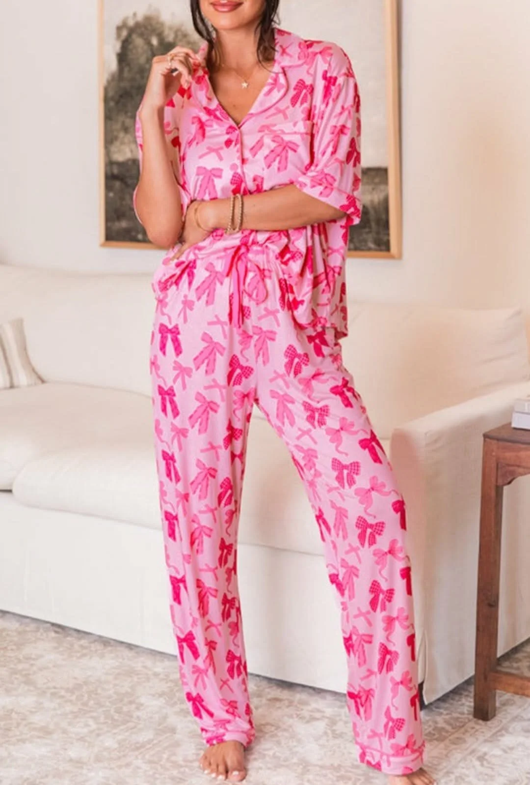 Bow Knot Print Lapel Collar Short Sleeve and Pants Pajamas Set