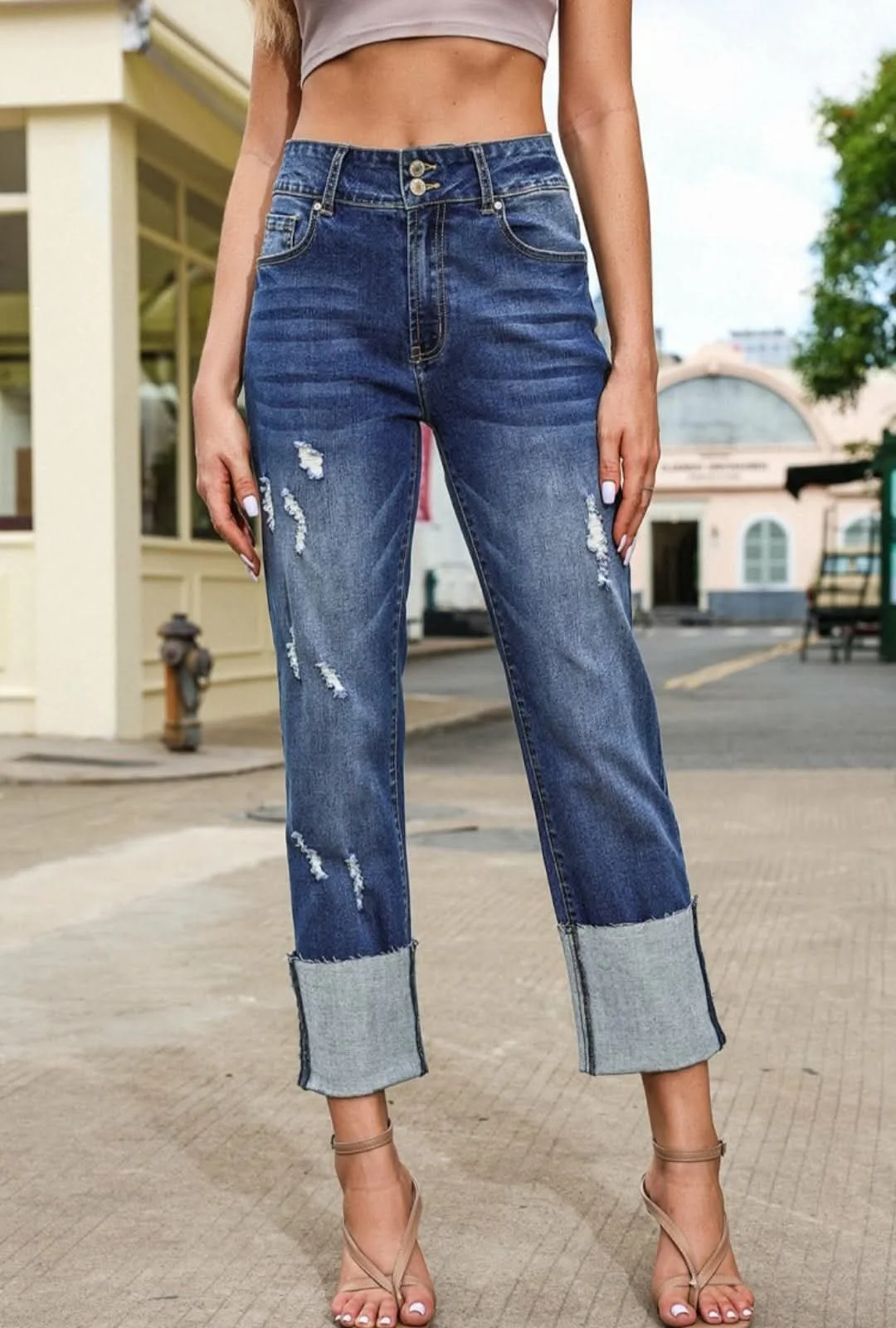 High Waist Distressed Straight Leg Jeans